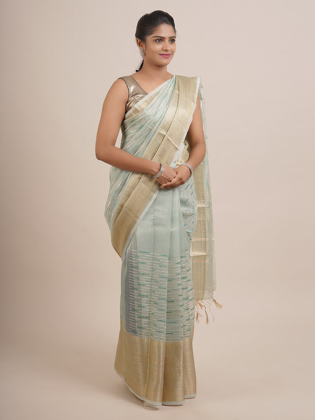 

Pothys Green & Gold-Toned Zari Organza Silk Saree