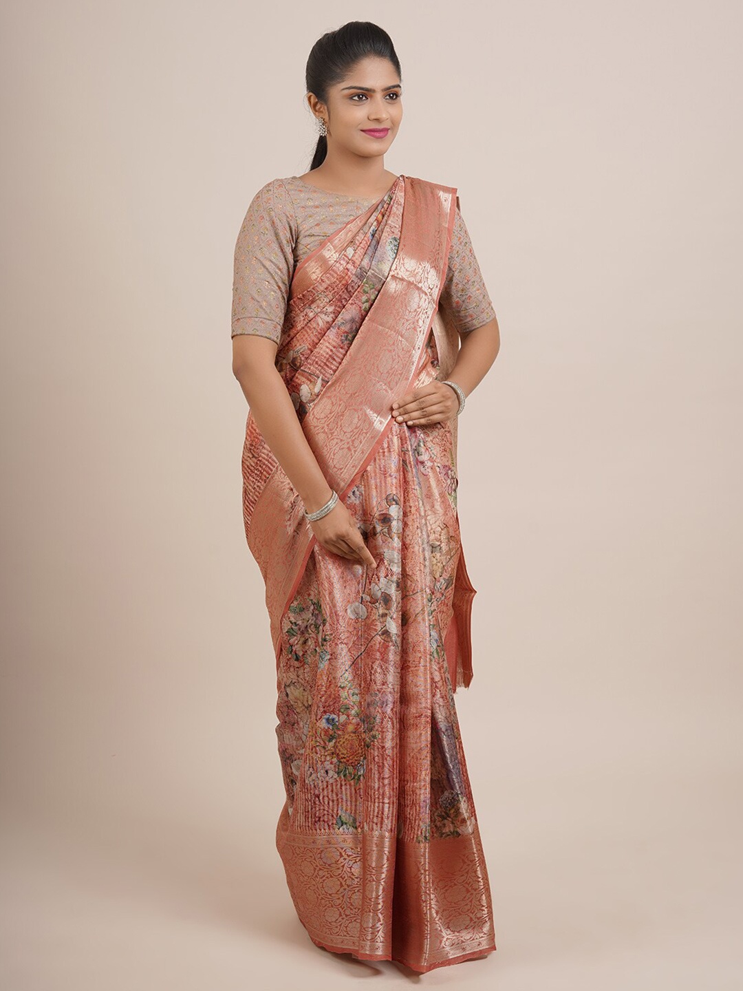 

Pothys Orange & Brown Floral Zari Organza Silk Saree
