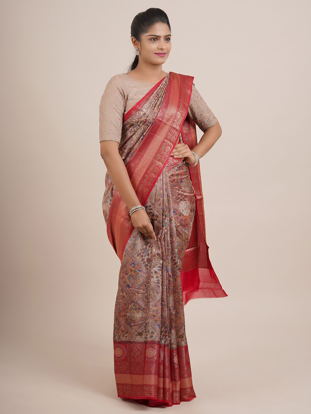 

Pothys Red & Silver-Toned Floral Printed Zari Organza Saree