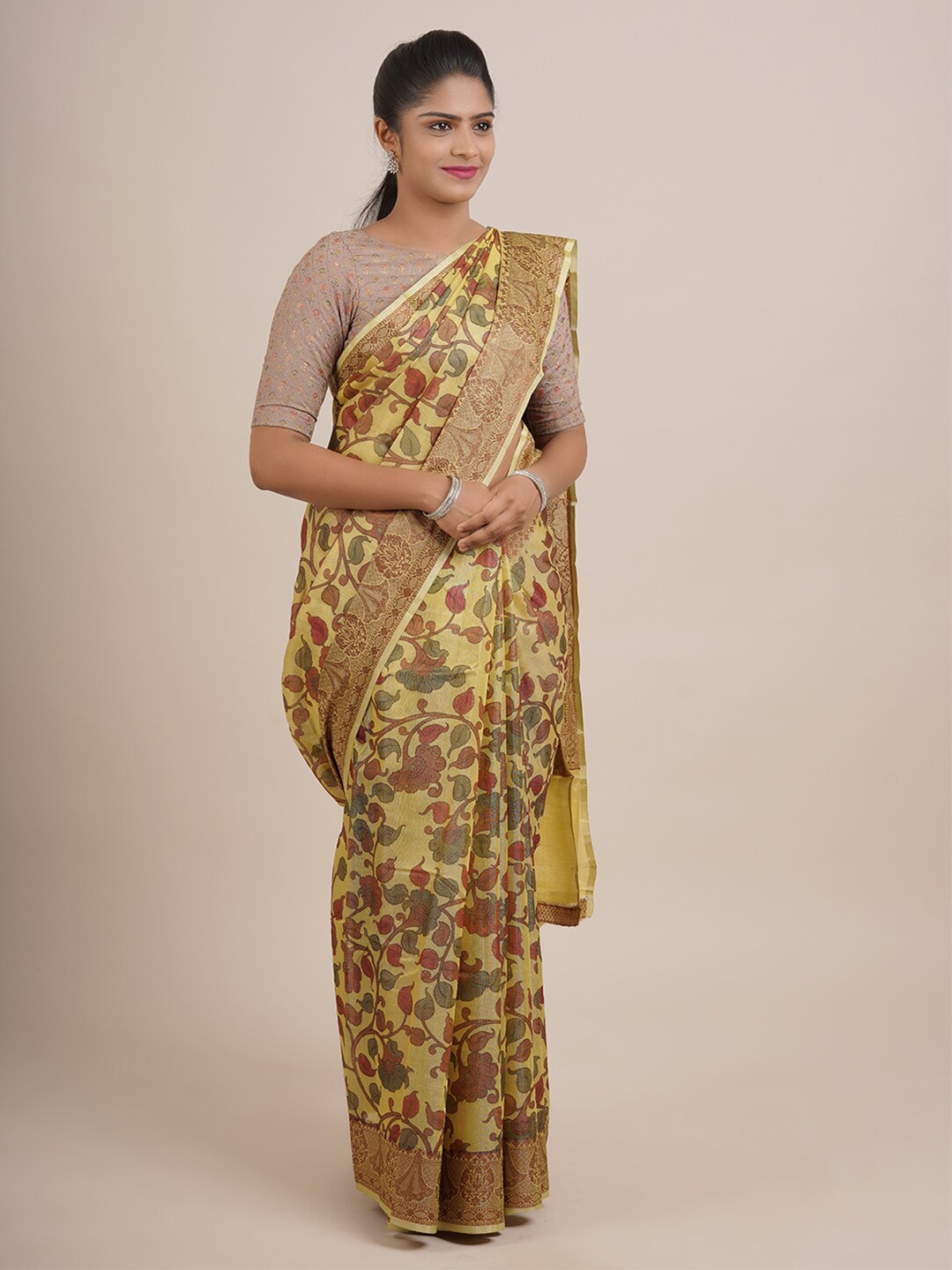 

Pothys Yellow & Red Floral Organza Saree