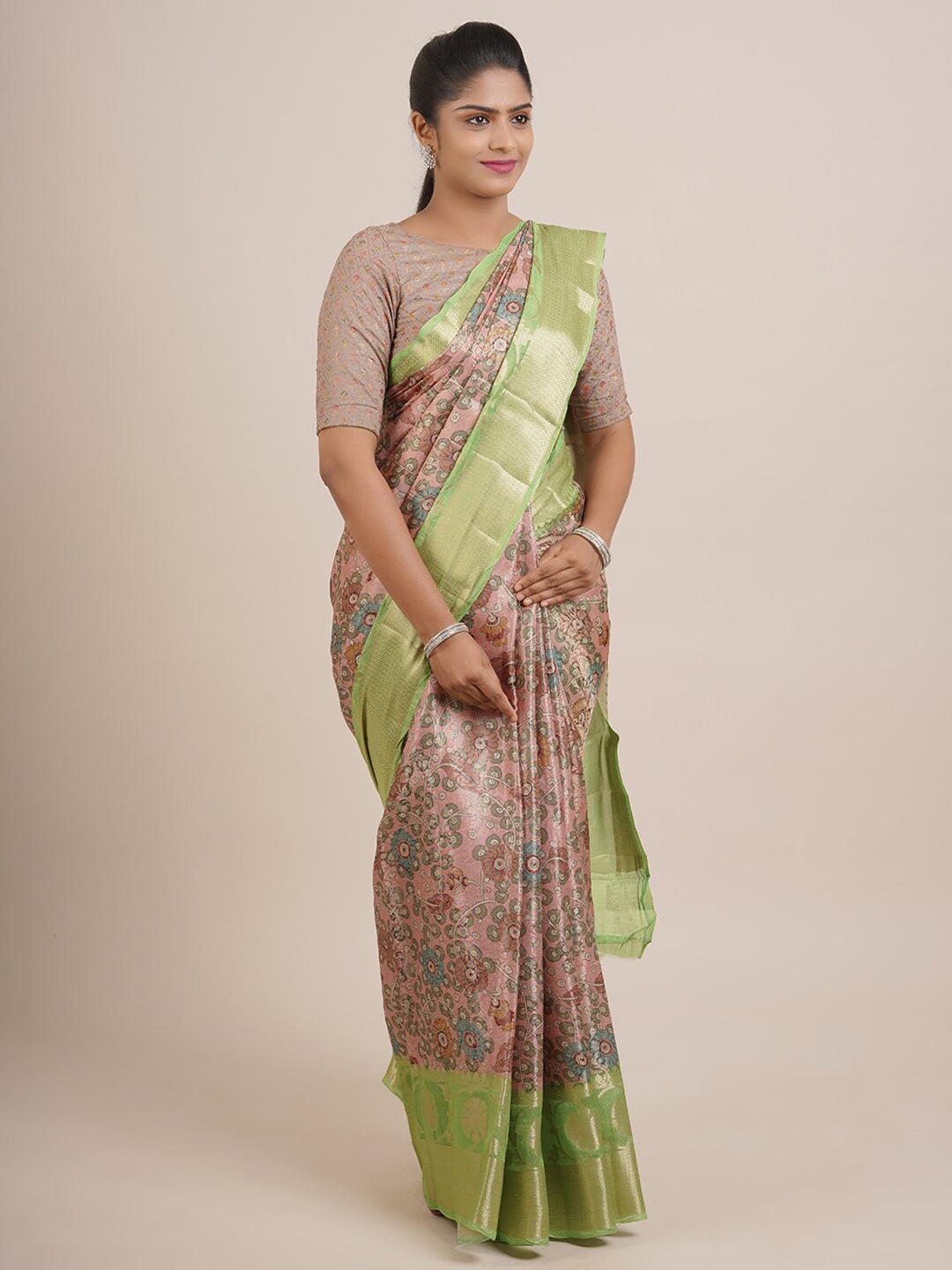 

Pothys Pink & Green Floral Printed Zari Organza Silk Saree