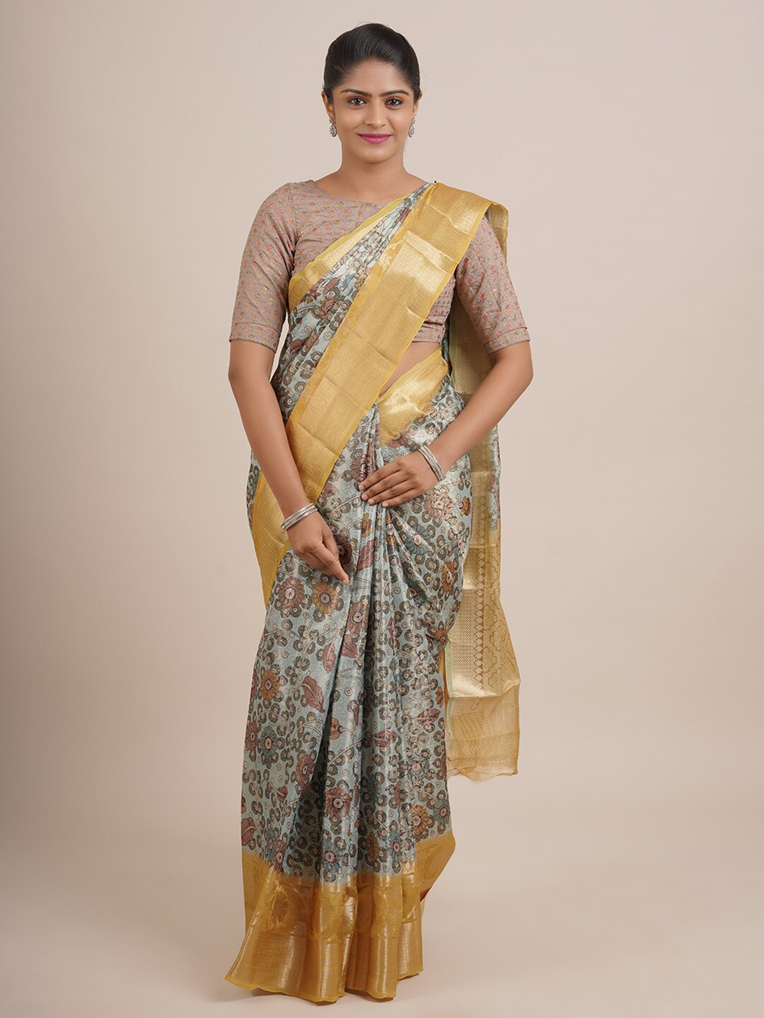 

Pothys Blue & Yellow Ethnic Motifs Organza Saree