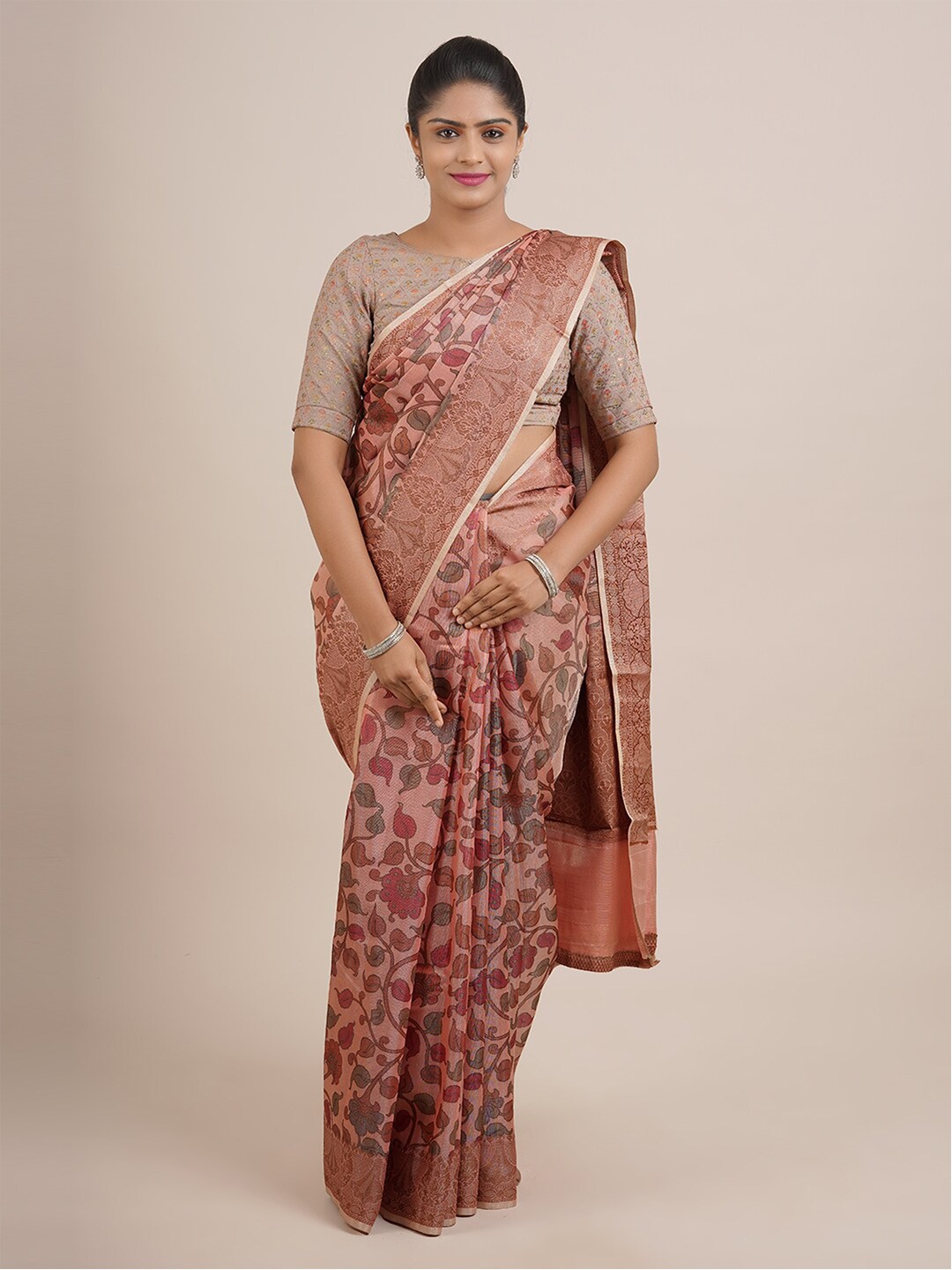 

Pothys Pink & Brown Ethnic Motifs Organza Saree