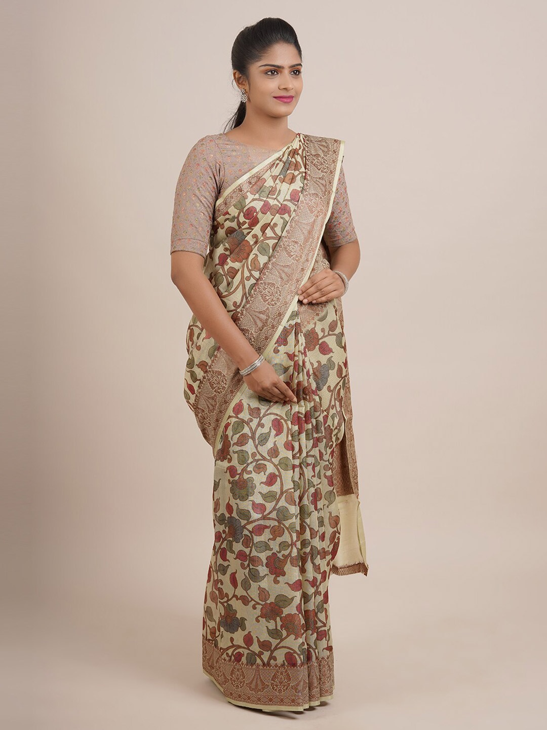 

Pothys Cream-Coloured & Pink Floral Organza Saree