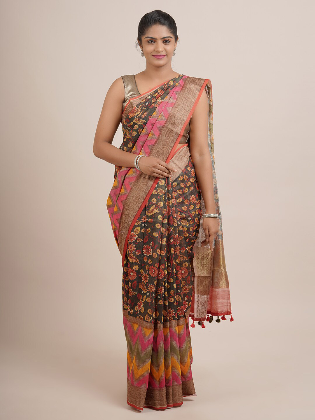 

Pothys Green & Orange Floral Zari Organza Silk Saree
