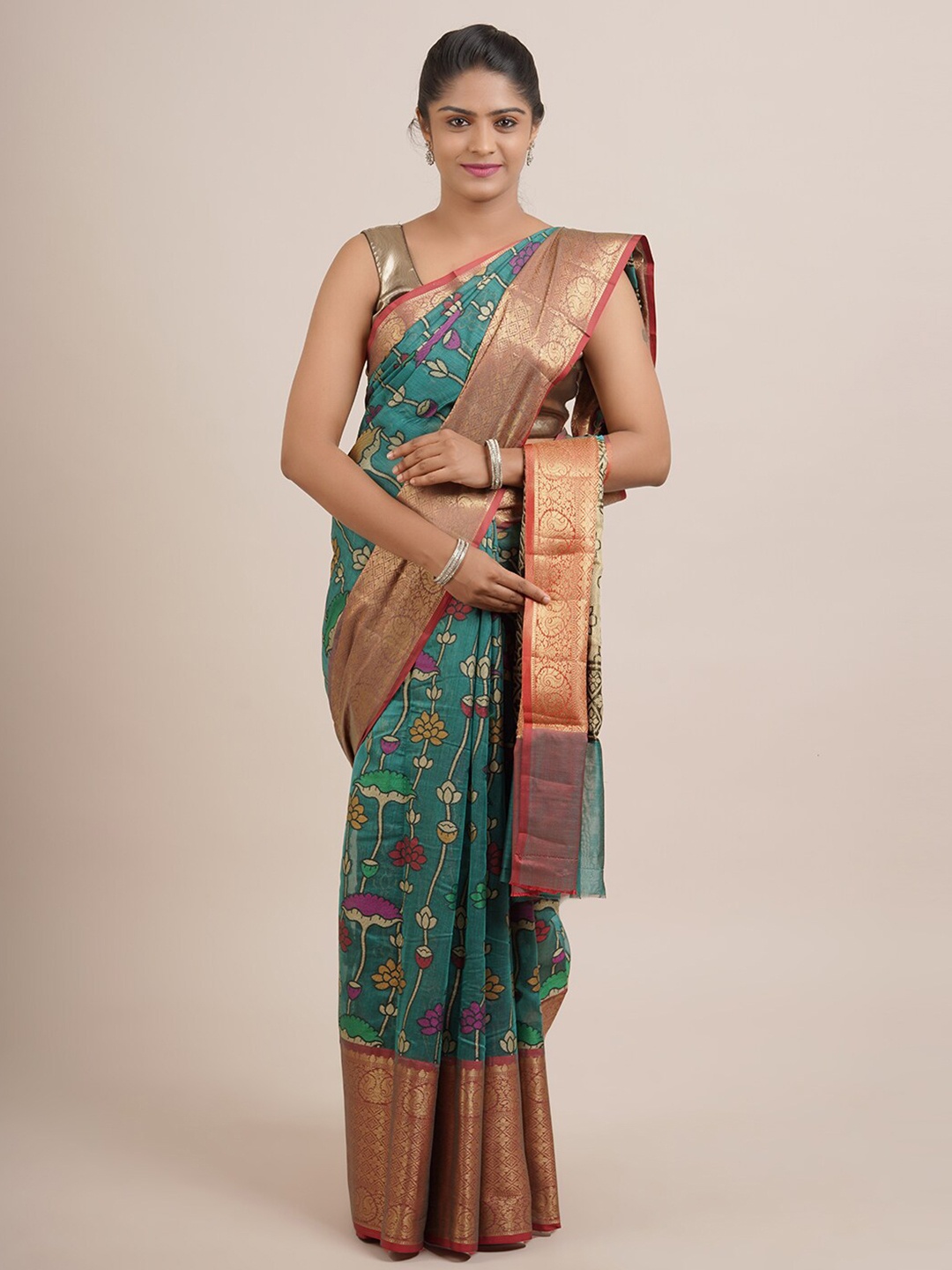 

Pothys Green & Red Floral Zari Organza Saree