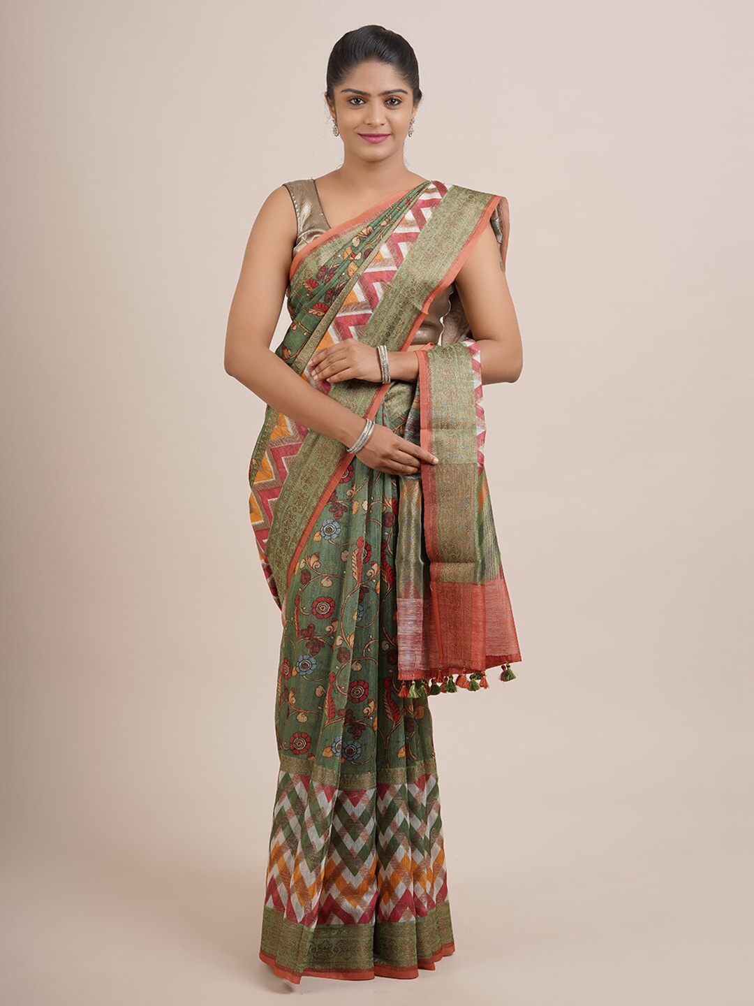 

Pothys Green & Red Floral Zari Organza Silk Saree
