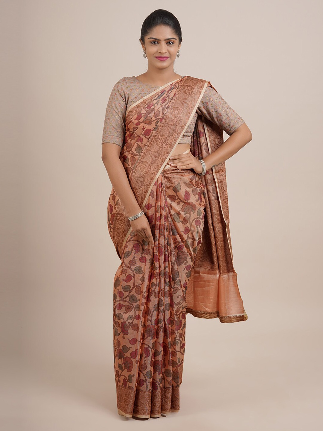 

Pothys Peach-Coloured & Green Floral Zari Organza Saree