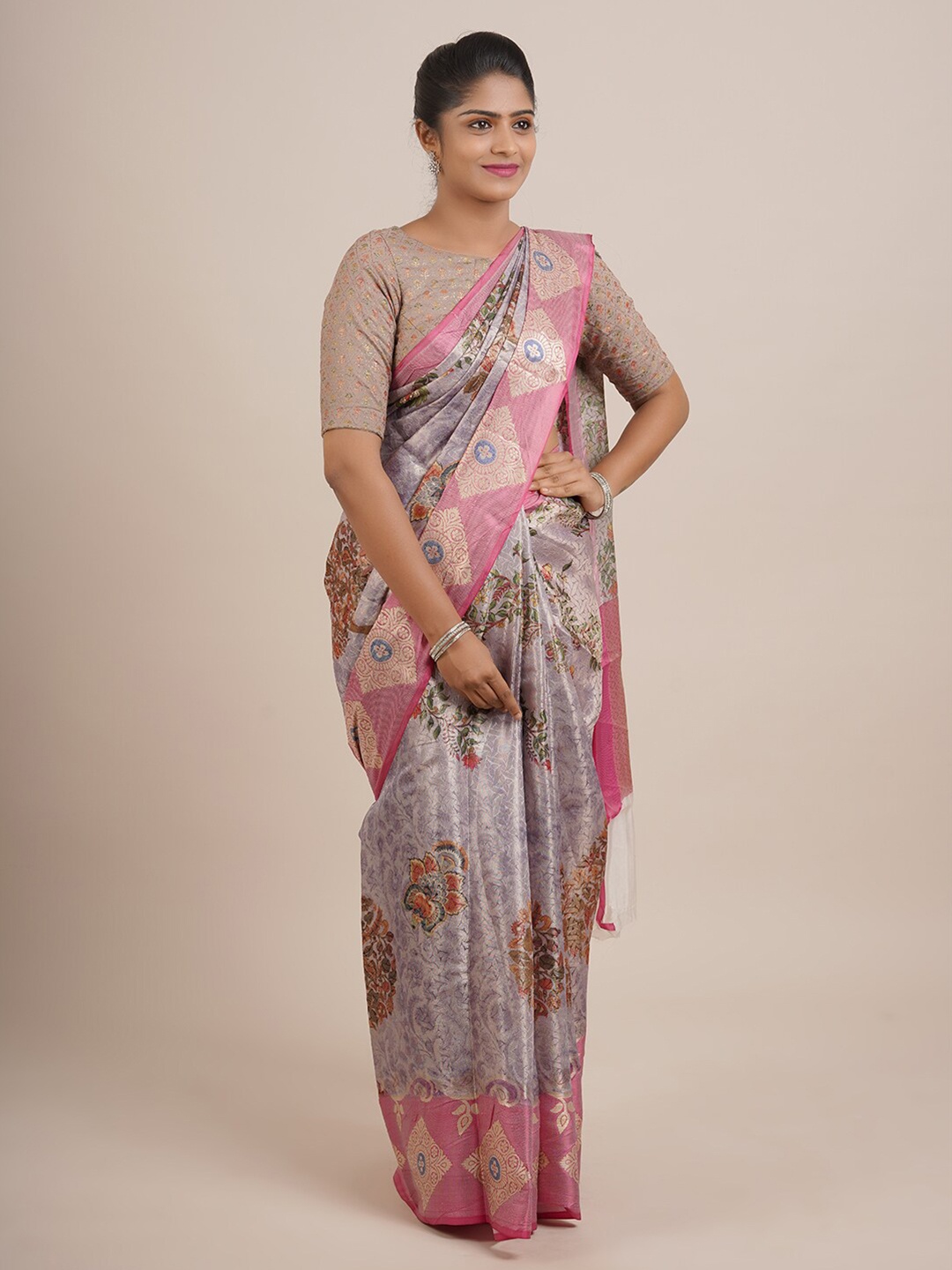 

Pothys Lavender & Pink Floral Zari Organza Saree