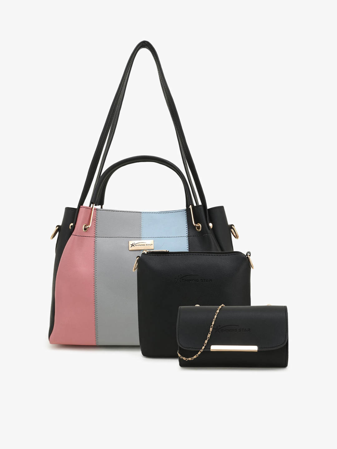 

SHINING STAR Black Colourblocked PU Shopper Shoulder Bag