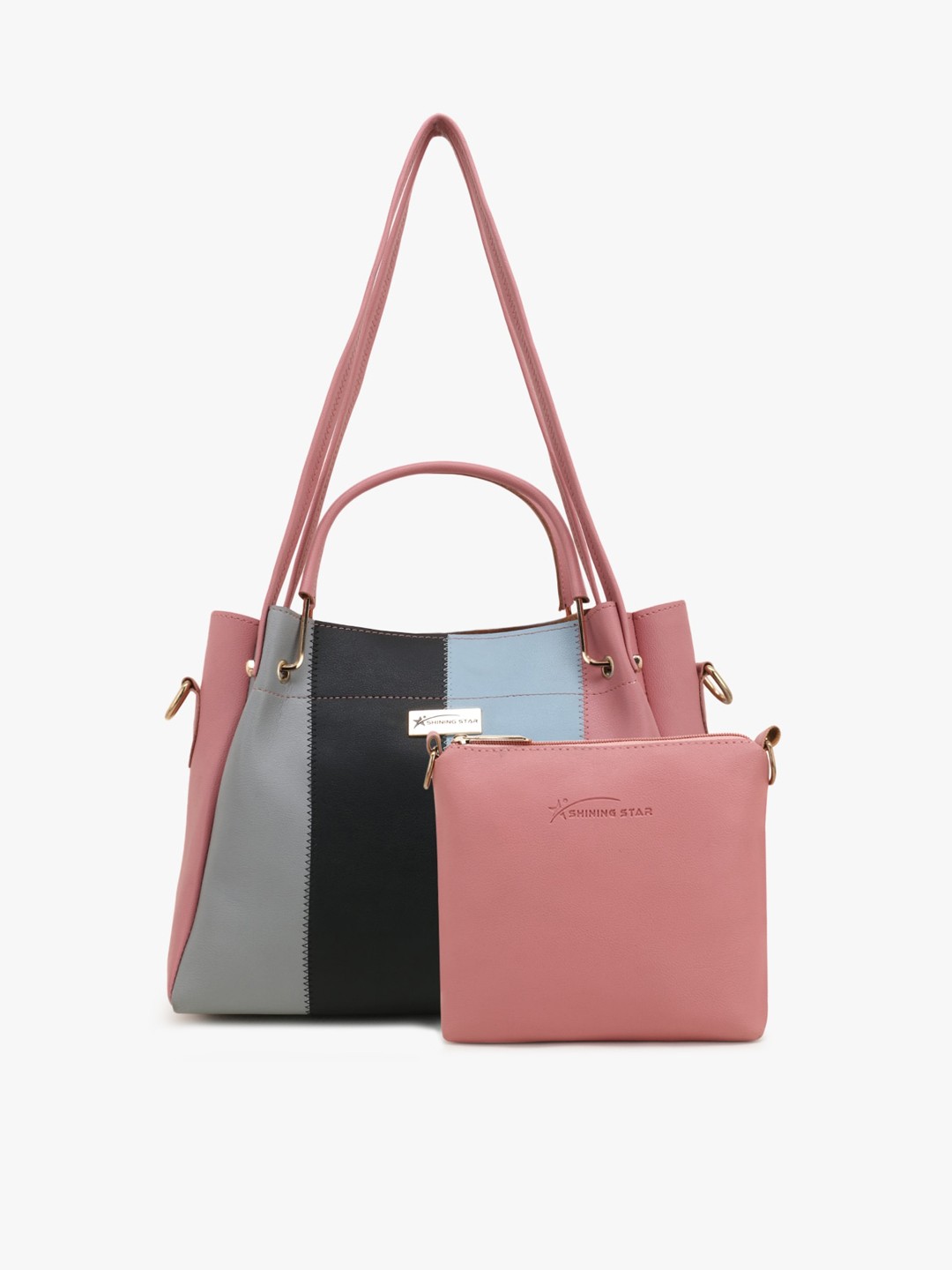 

SHINING STAR Peach-Coloured Colourblocked PU Structured Handheld Bag