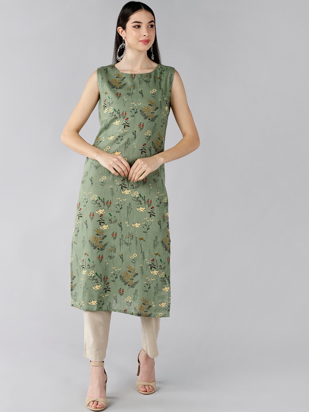 

AHIKA Women Green & Yellow Floral Printed Cotton Straight Kurta