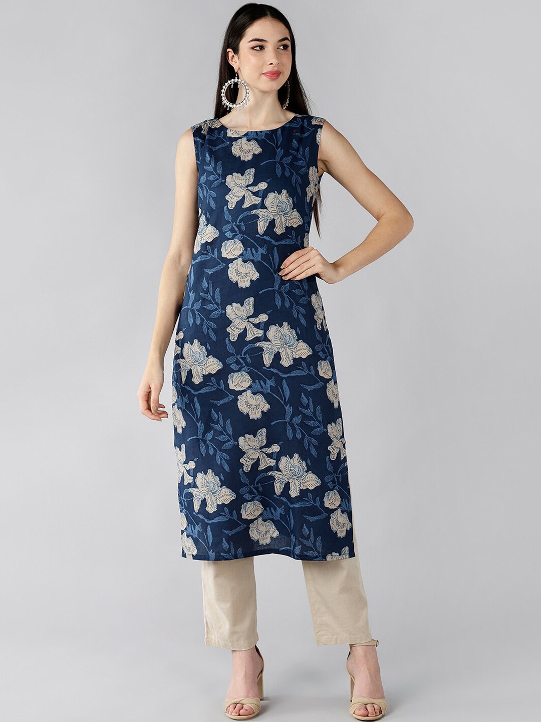 

AHIKA Navy Blue Floral Printed Cotton Kurta