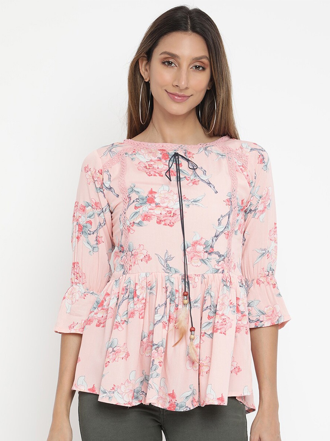 

V2 Value & Variety Peach-Coloured Floral Printed Top