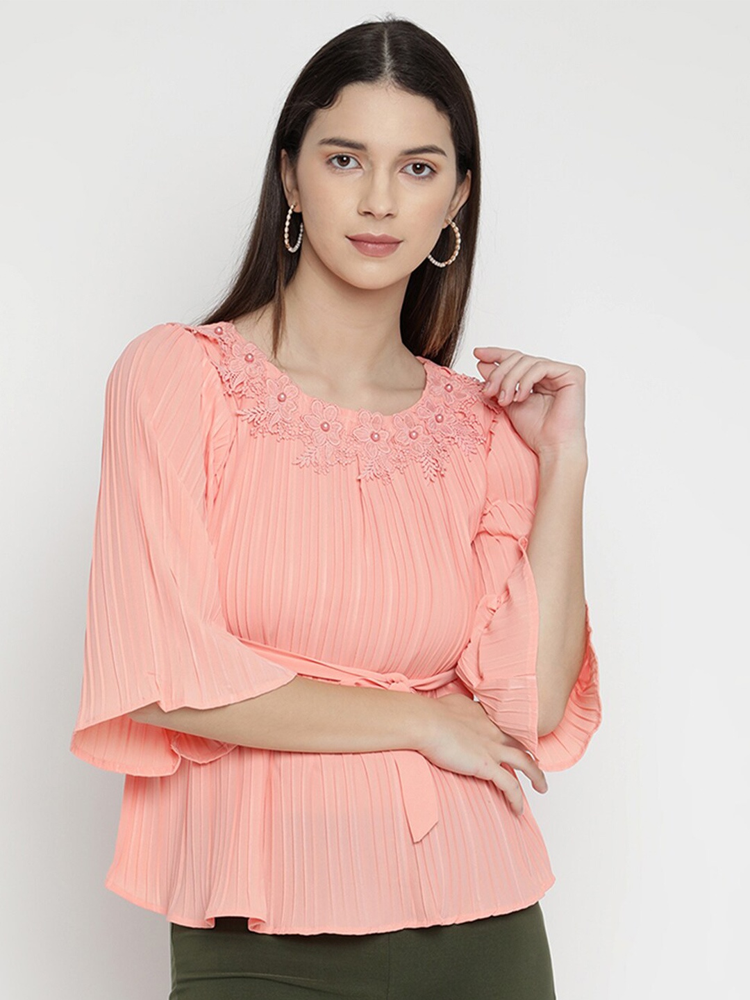 

V2 Value & Variety Peach-Coloured Chiffon Regular Top