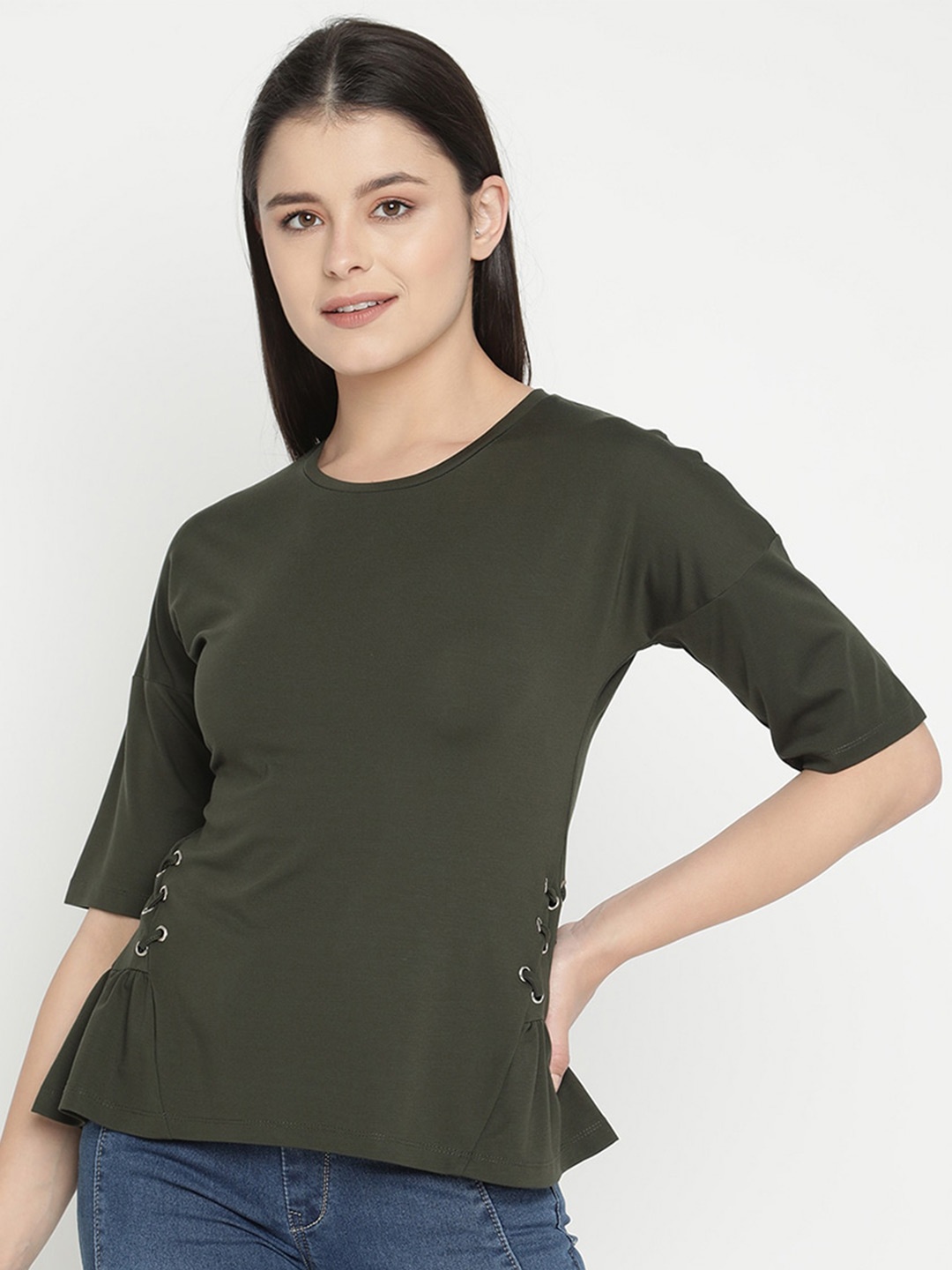 

V2 Value & Variety Women Olive Green Solid Three-Quarter Sleeves Top