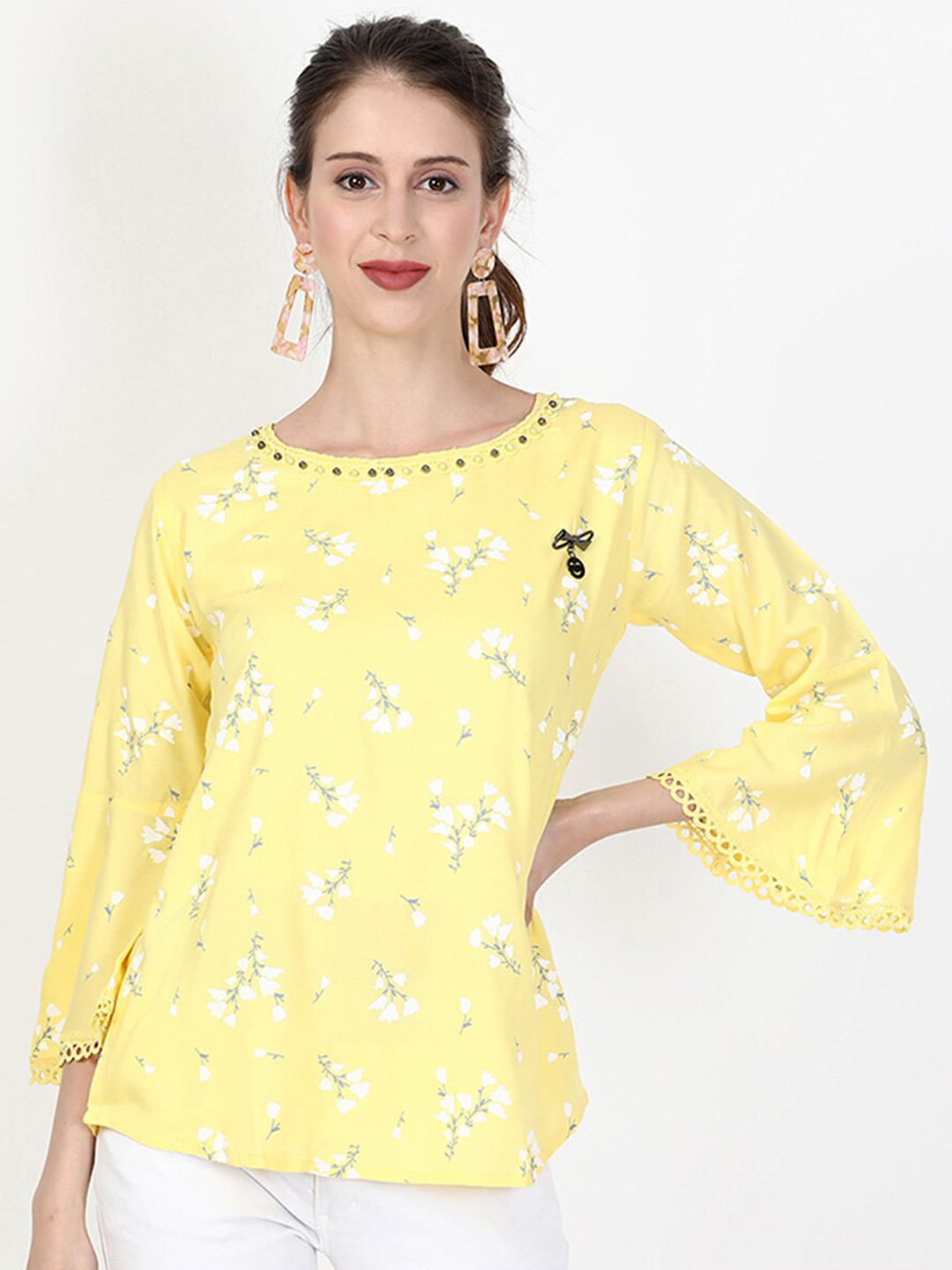 

V2 Value & Variety Yellow & White Floral Printed Cotton Regular Top