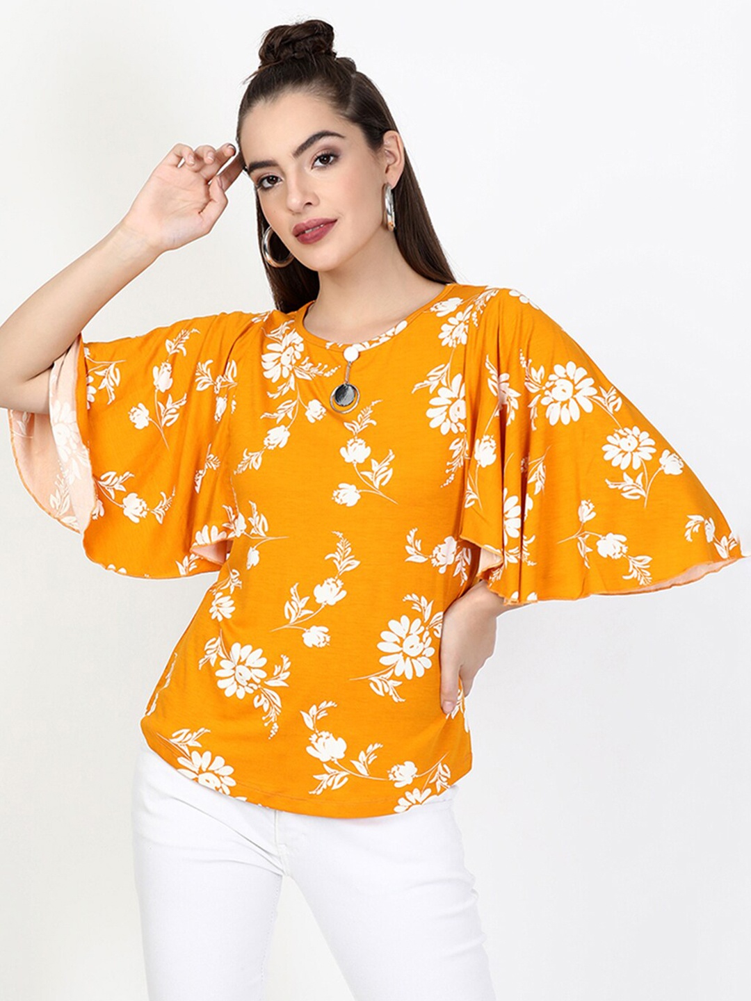 

V2 Value & Variety Mustard Yellow Floral Printed Top