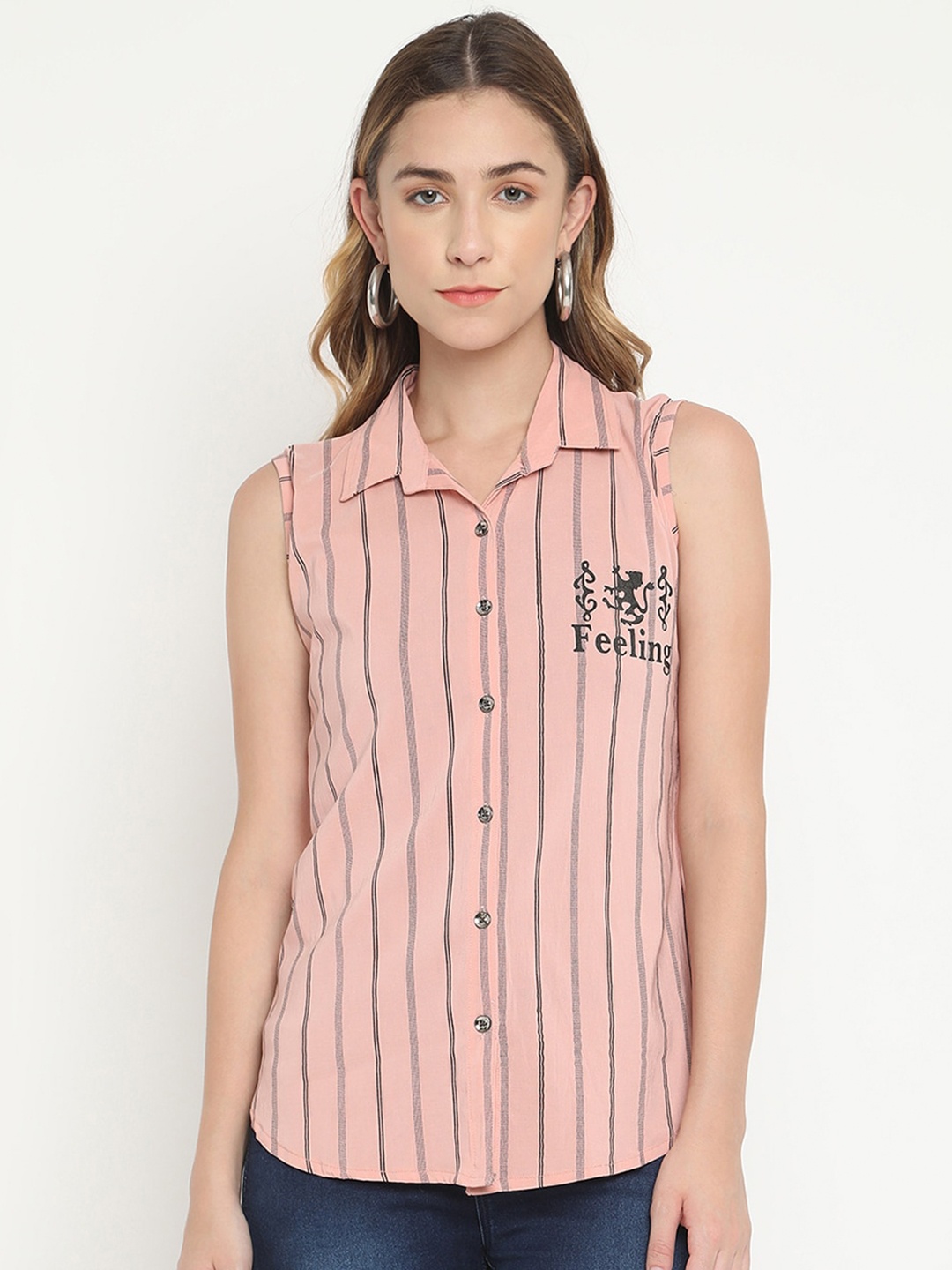 

V2 Value & Variety Peach-Coloured Striped Cotton Shirt Style Top