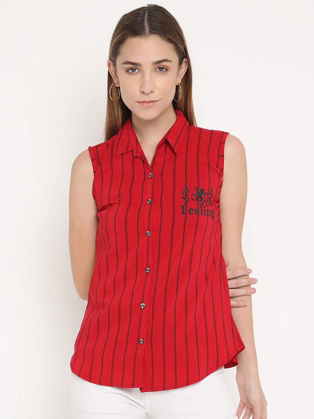 

V2 Value & Variety Women Red & Black Striped Cotton Shirt Style Top