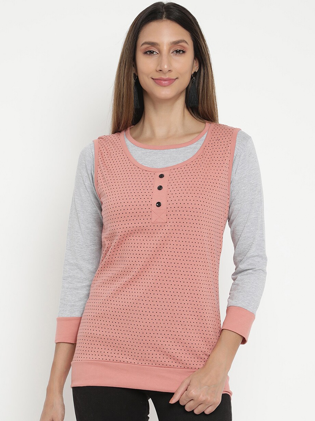 

V2 Value & Variety Peach-Coloured Polka Dots Printed Top