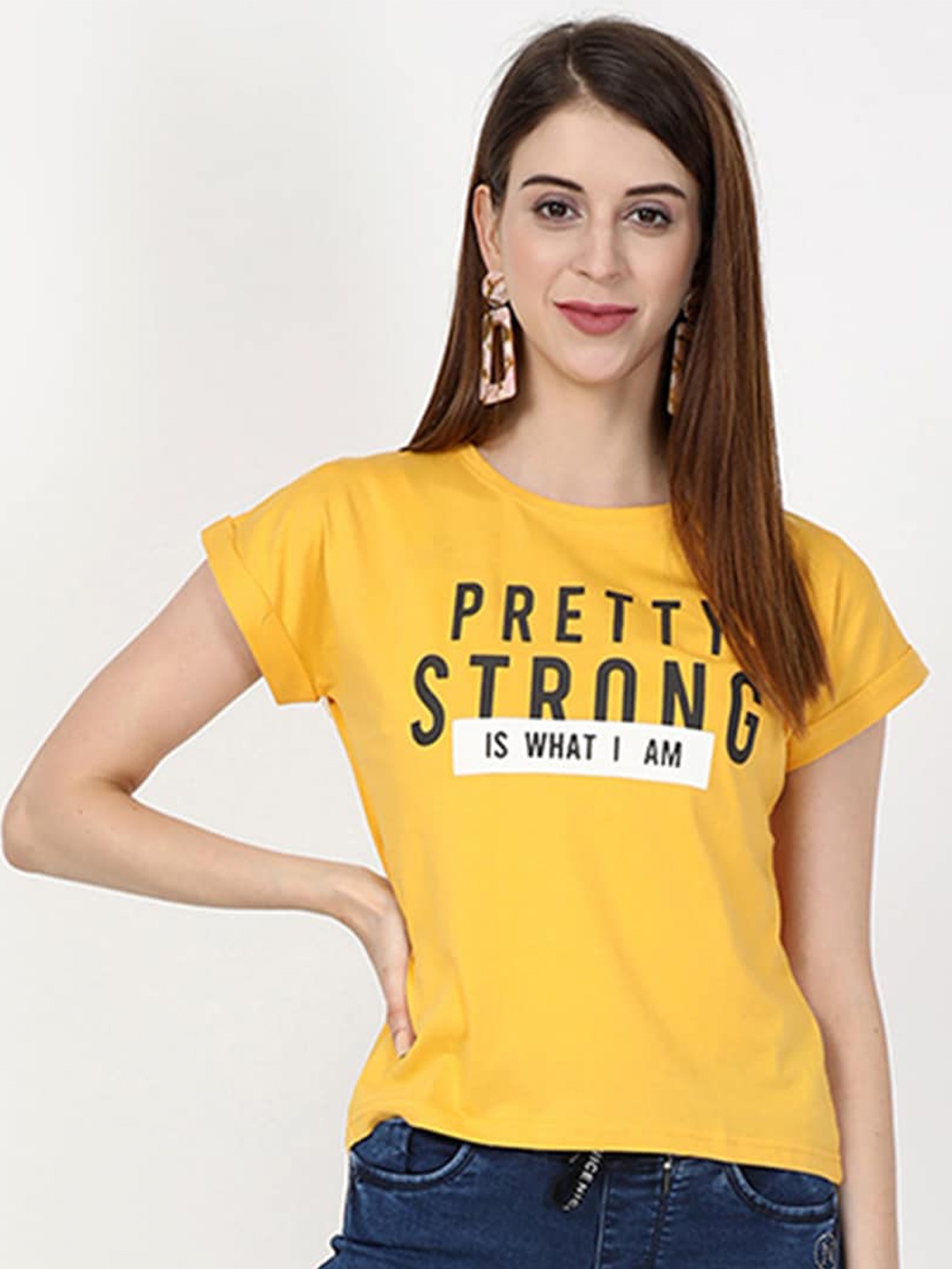 

V2 Value & Variety Mustard Yellow Typography Printed Regular Top