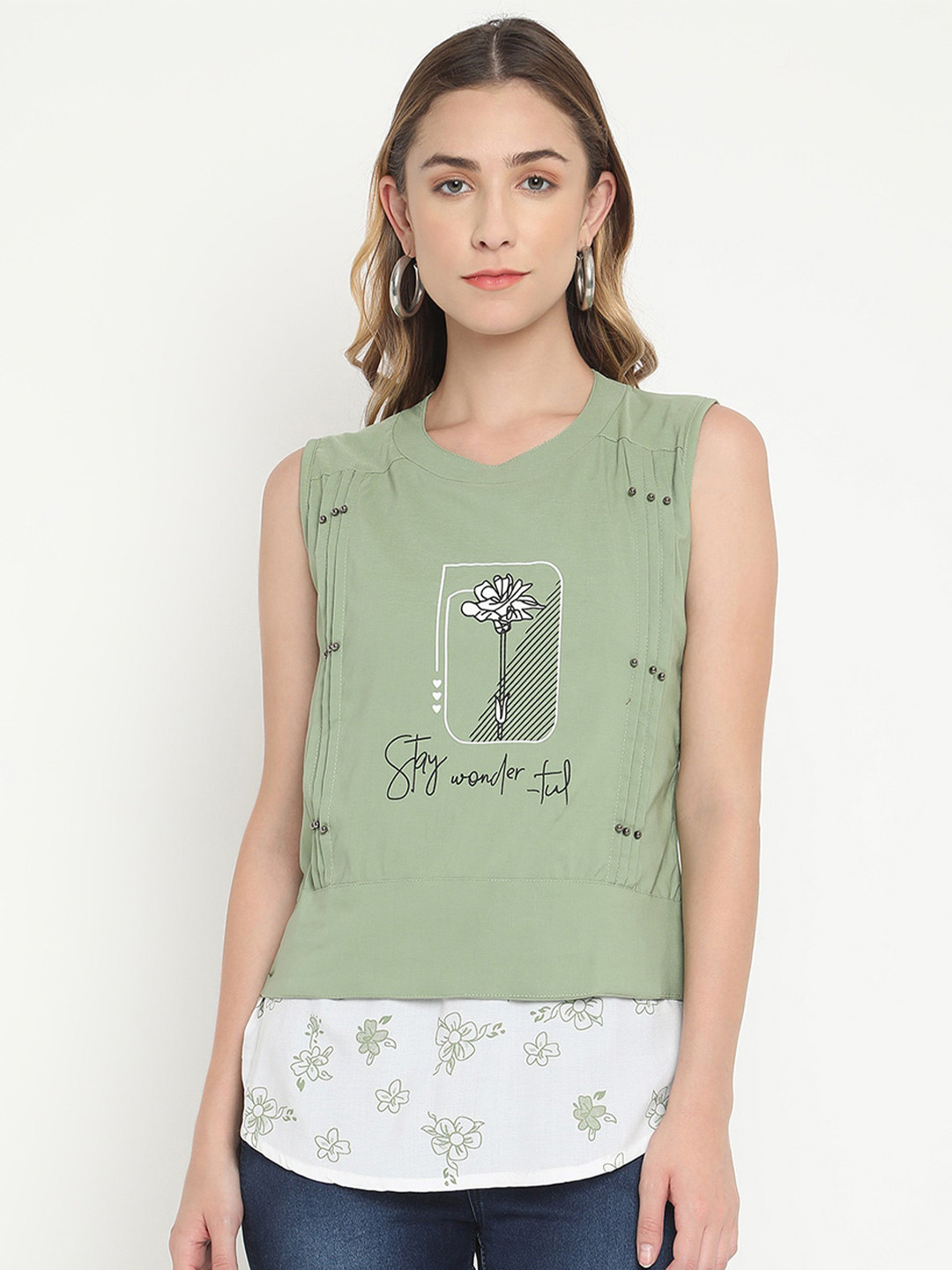 

V2 Value & Variety Green Cotton Floral Printed Top