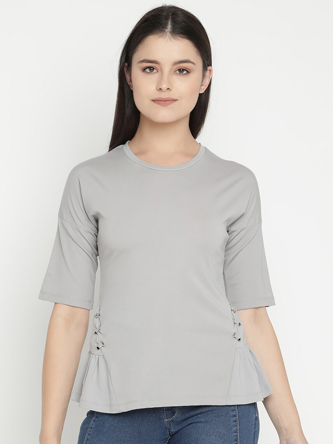 

V2 Value & Variety Grey Solid Round Neck Regular Top