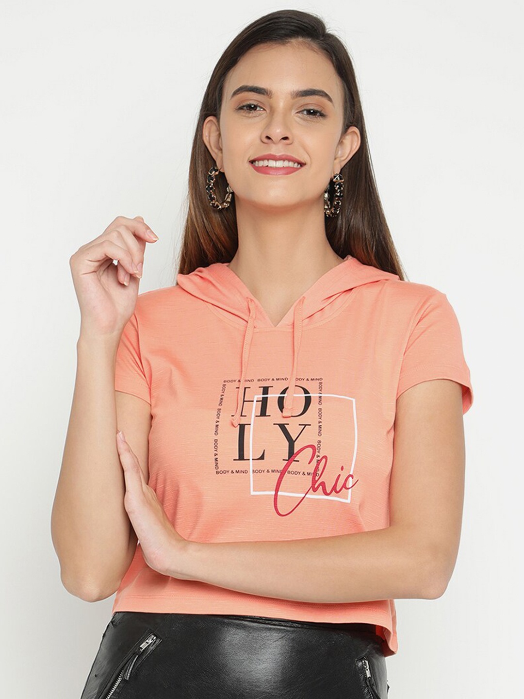 

V2 Value & Variety Women Peach Printed Hooded Top