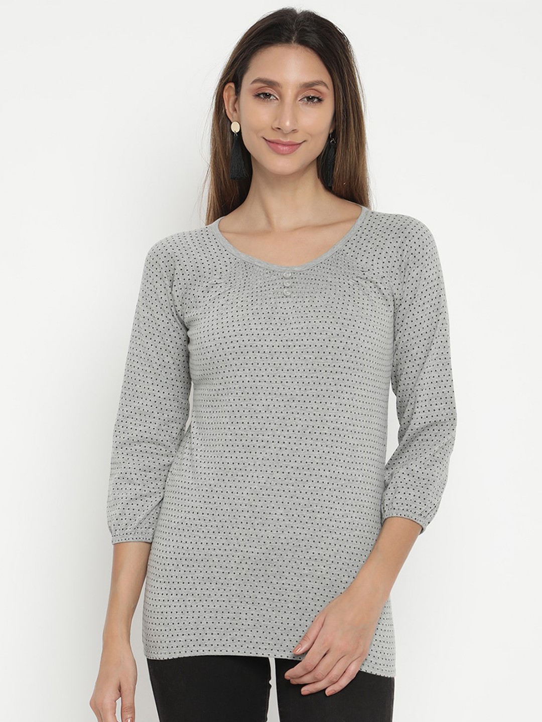 

V2 Value & Variety Grey Melange Polka Dots Printed Top