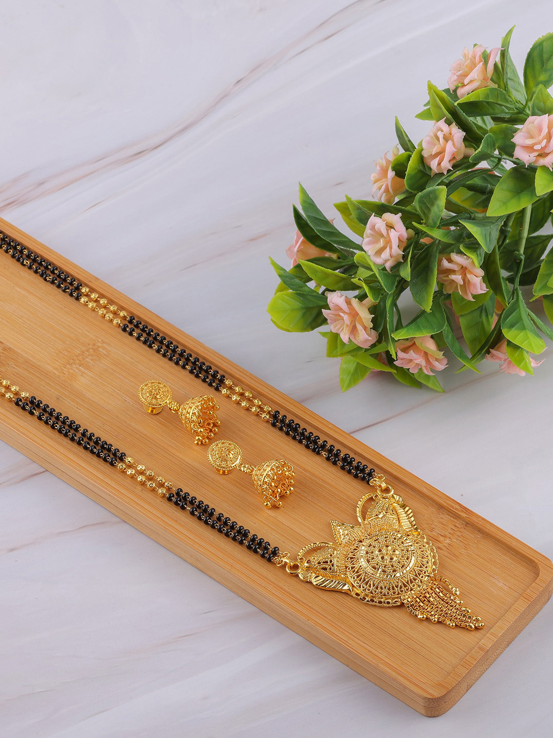 

Brandsoon Gold-Plated Black Beaded Mangalsutra With Earrings