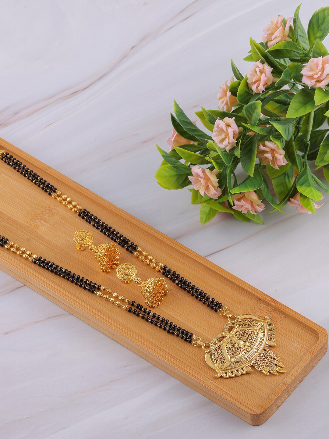 

Brandsoon Black-Toned & Gold-Plated Beaded Traditional Mangalsutra With Earrings