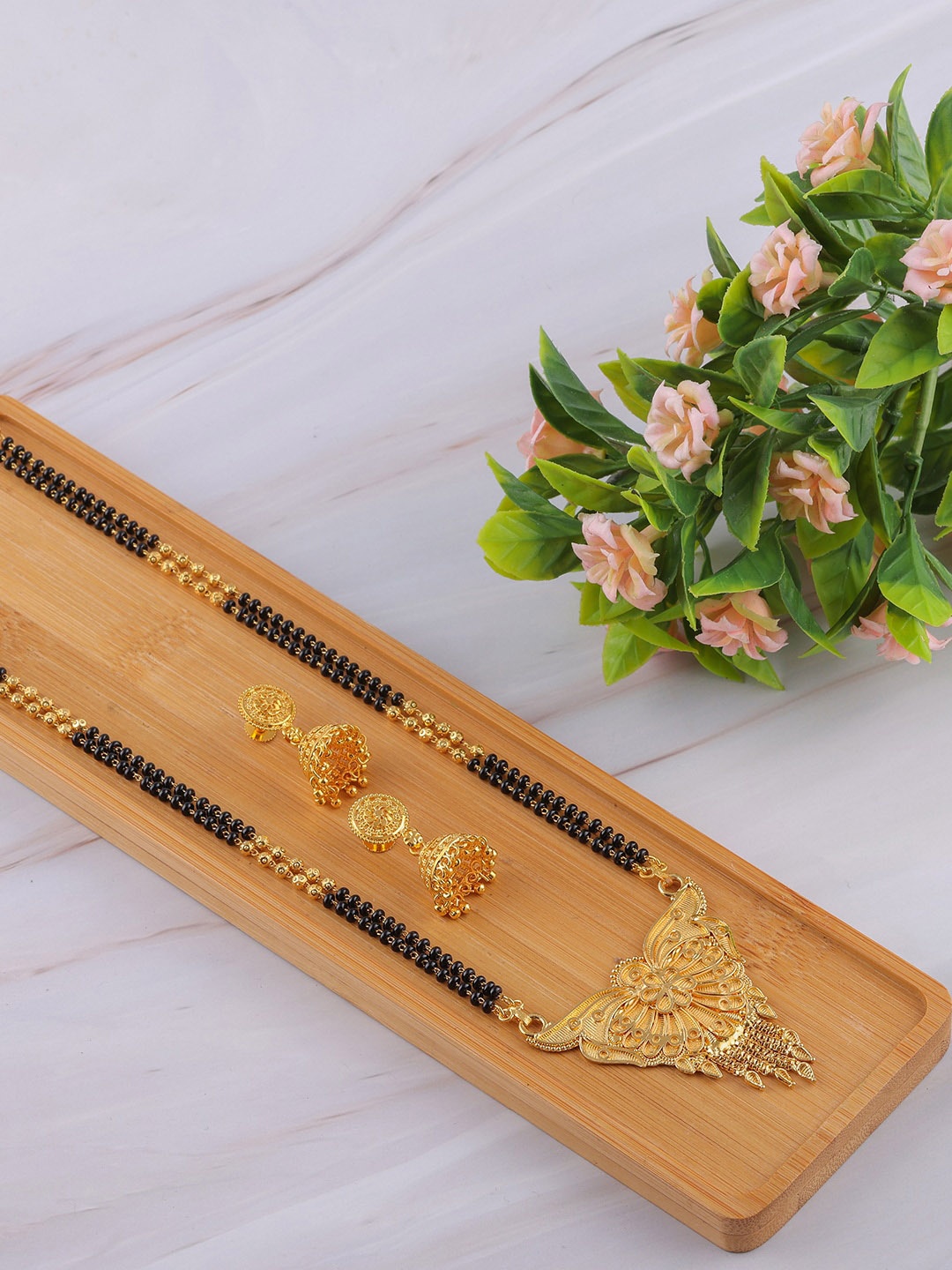 

Brandsoon Gold-Plated & Black Beaded Traditional Mangalsutra With Earrings