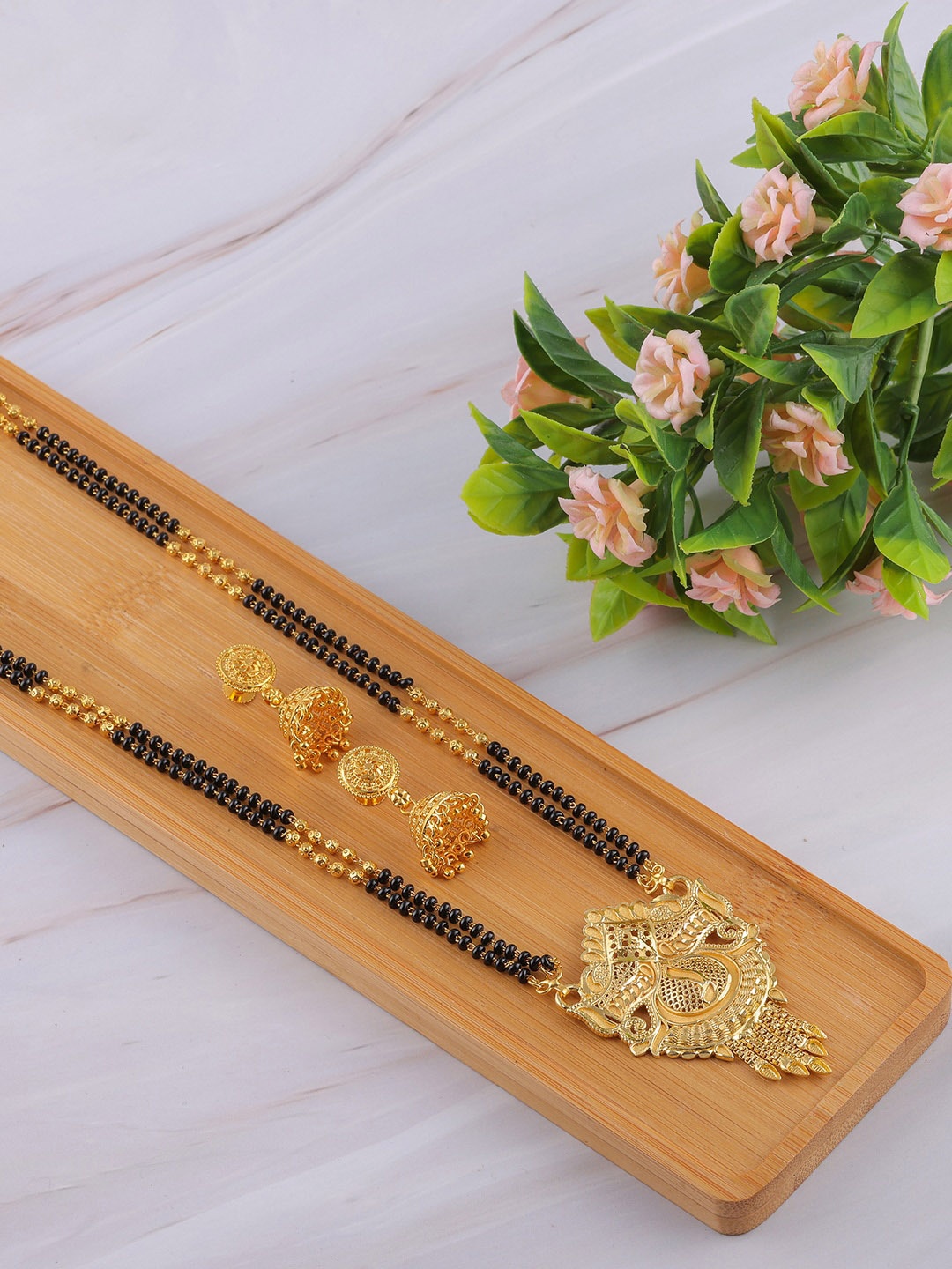 

Brandsoon Gold-Plated & Black Beaded Traditional Mangalsutra With Earrings