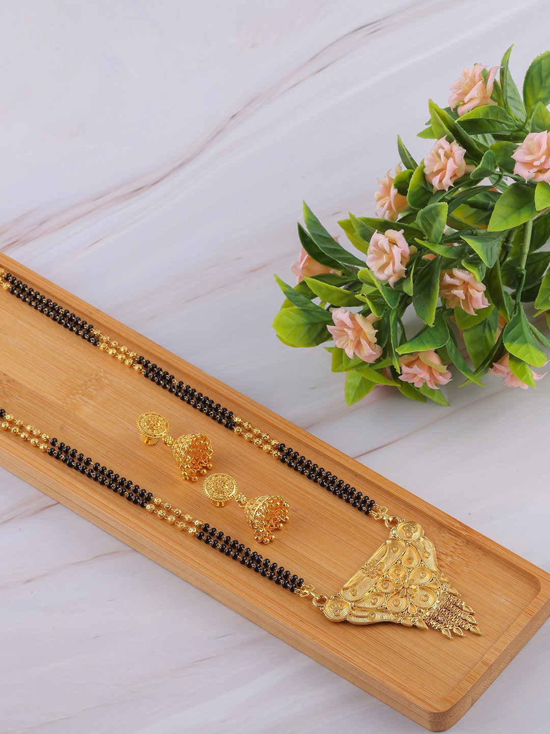 

Brandsoon Black Gold-Plated Beaded Mangalsutra With Earrings