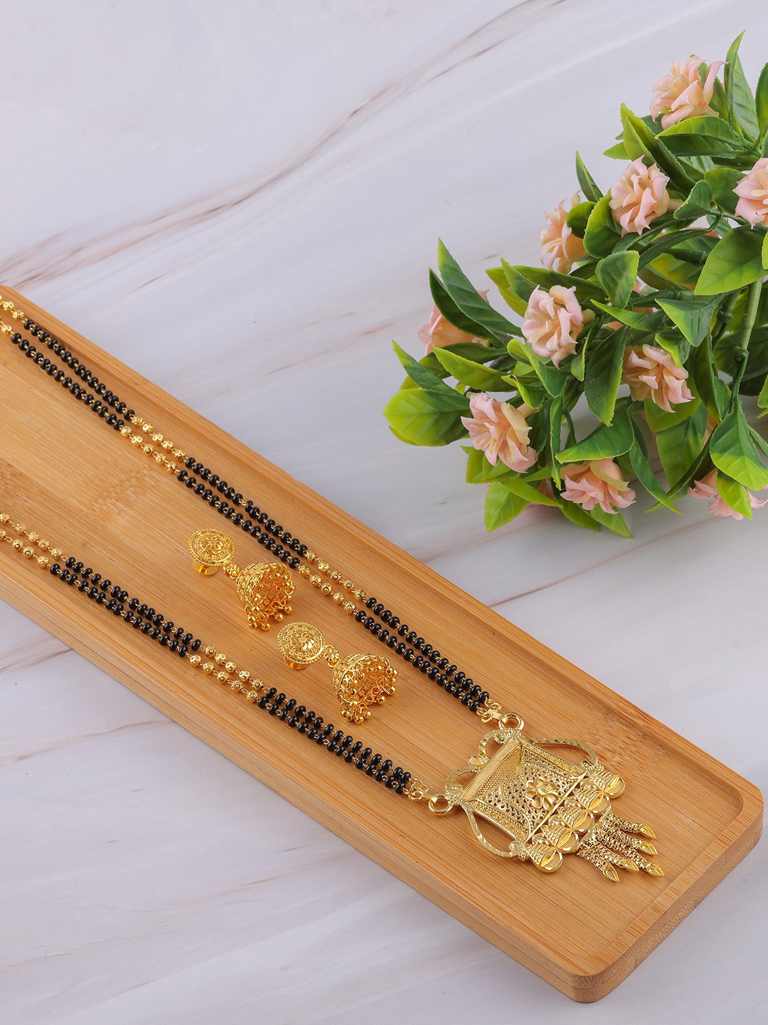 

Brandsoon Gold-Plated Black Beaded Mangalsutra With Earrings