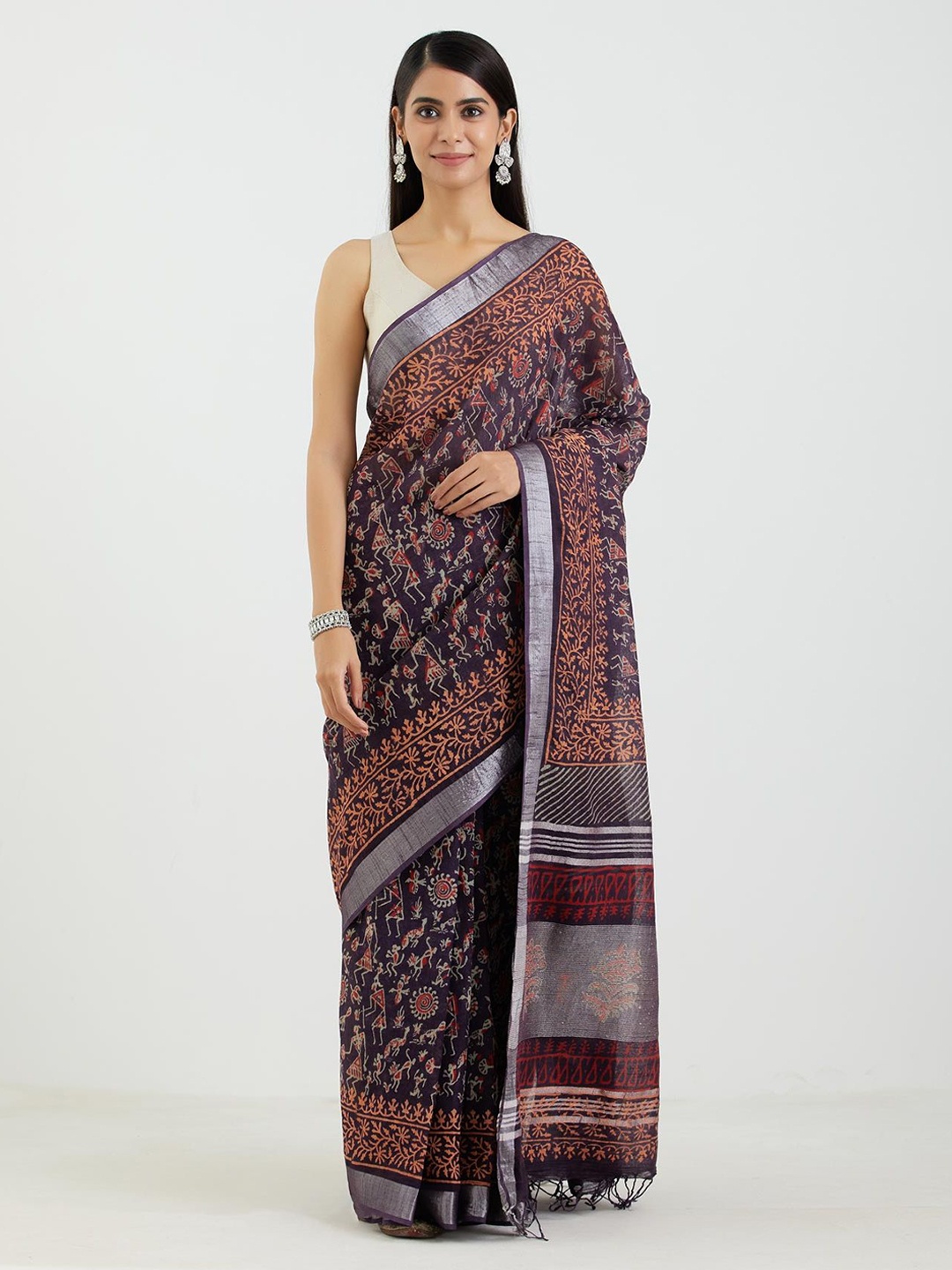 

Aujjessa Burgundy & Silver-Toned Ethnic Motifs Zari Linen Blend Block Print Saree