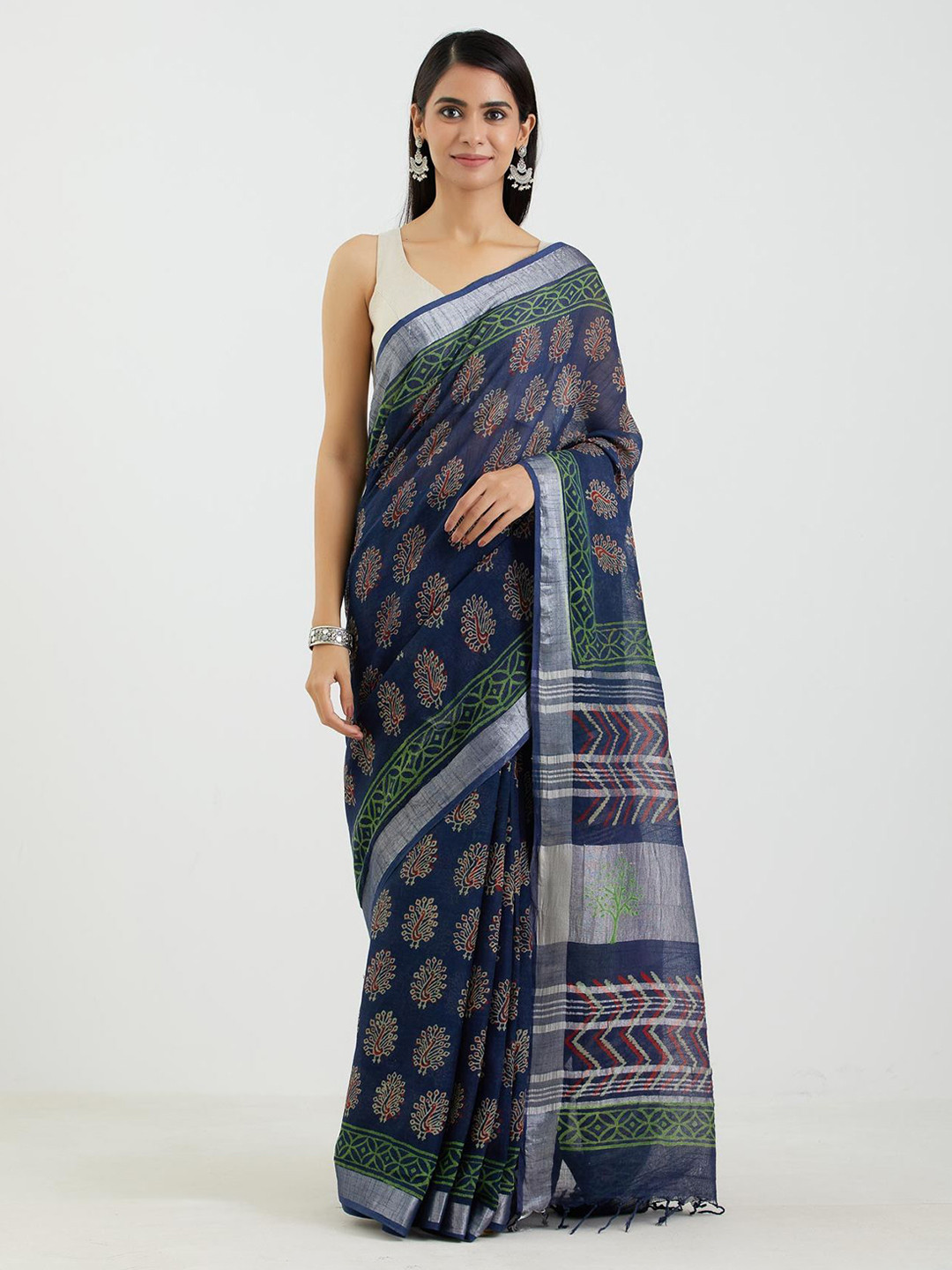 

Aujjessa Blue & Green Ethnic Motifs Linen Blend Block Print Saree