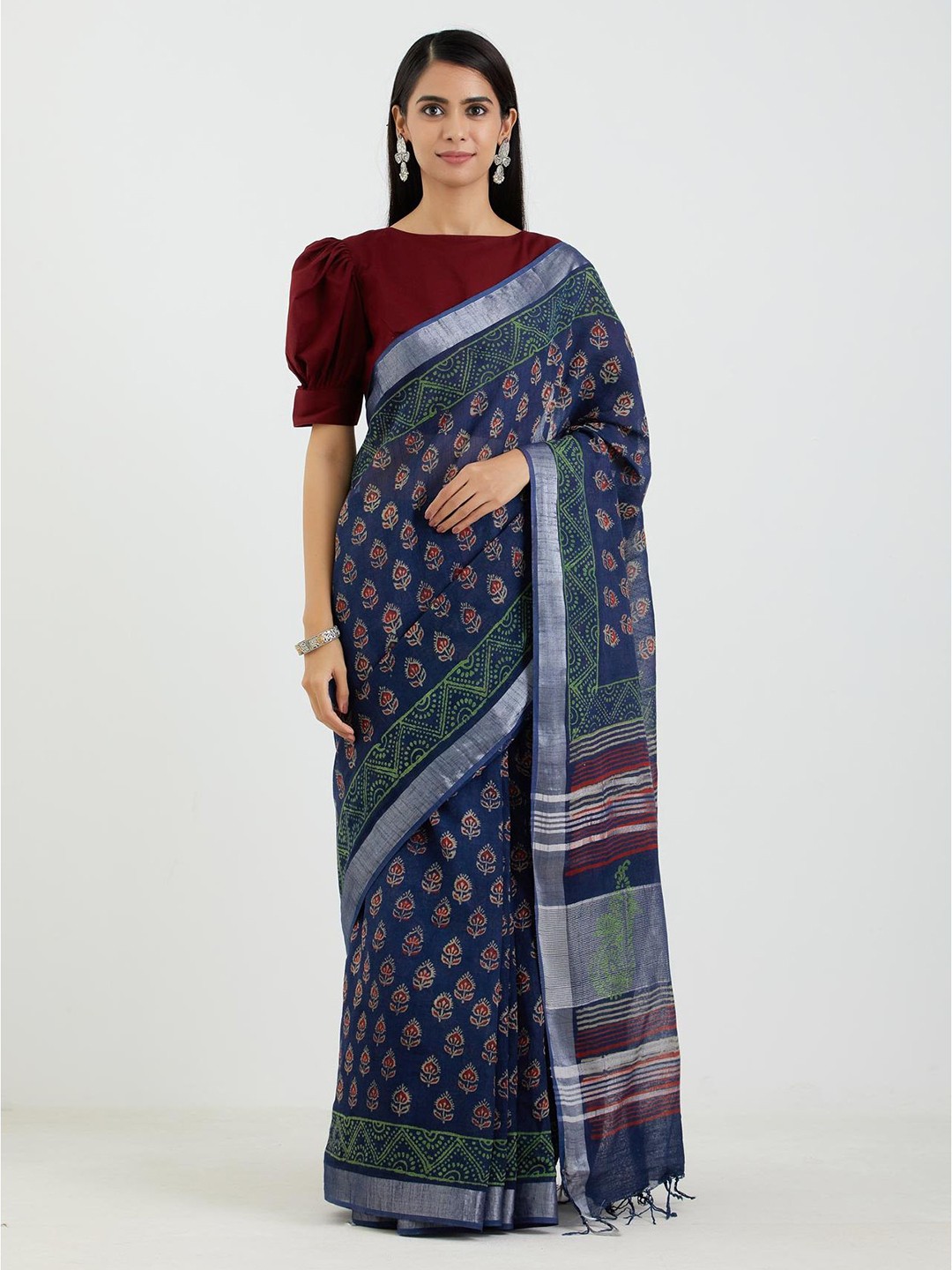 

Aujjessa Blue & Maroon Floral Linen Blend Block Print Saree