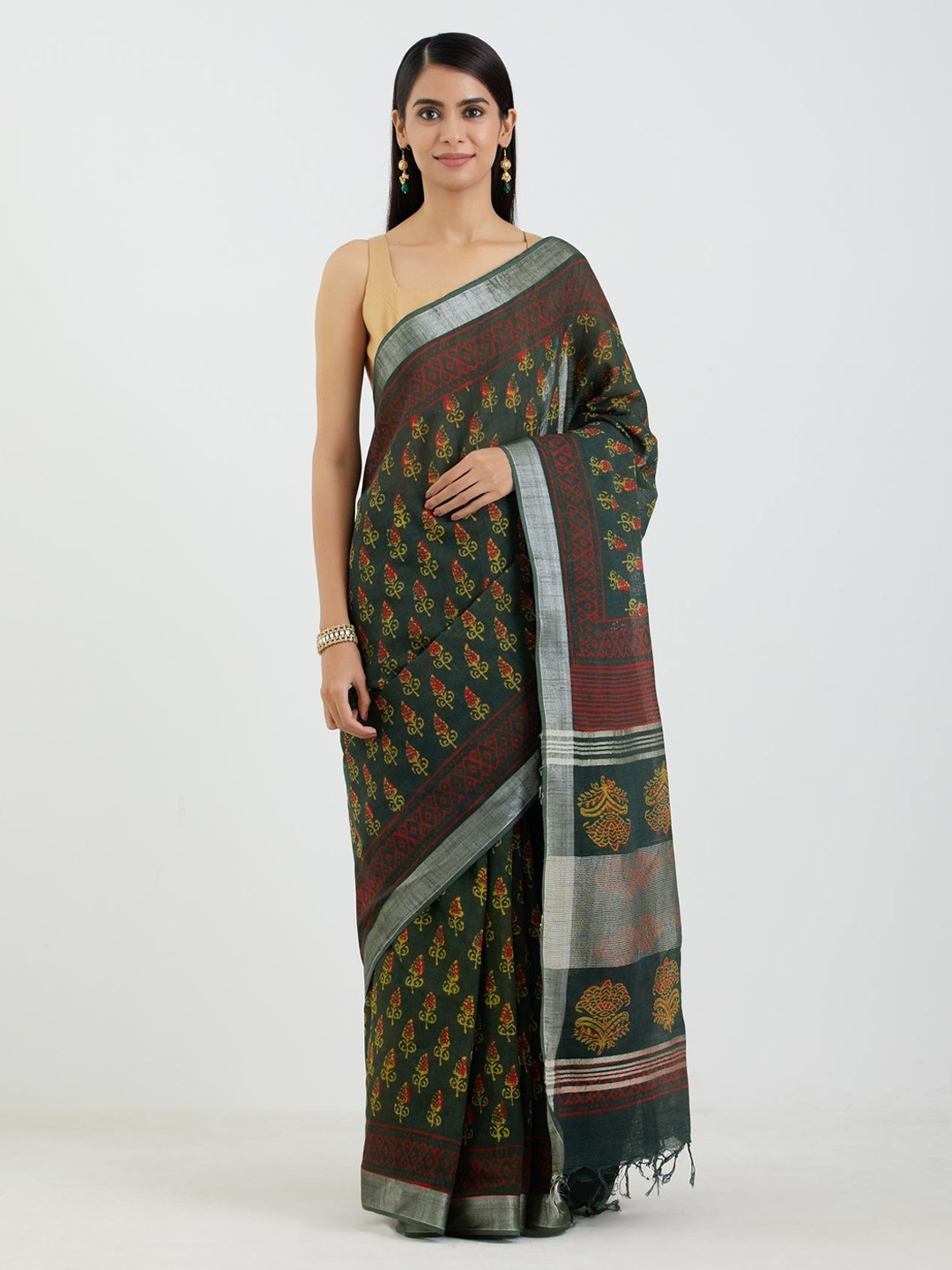 

Aujjessa Green & Maroon Floral Linen Blend Block Print Saree