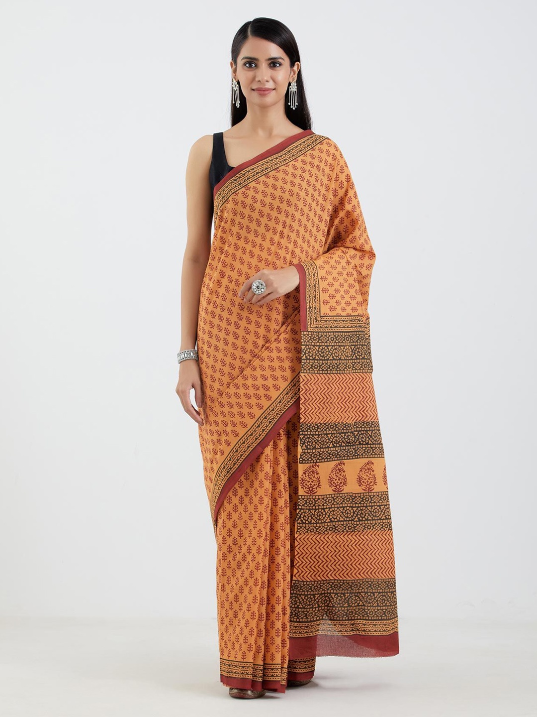 

Aujjessa Mustard Ethnic Motifs Pure Cotton Block Print Saree