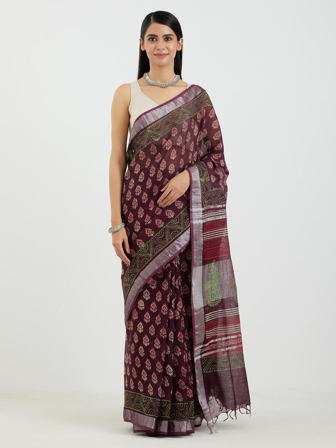 

Aujjessa Burgundy & Silver-Toned Ethnic Motifs Zari Linen Blend Block Print Saree