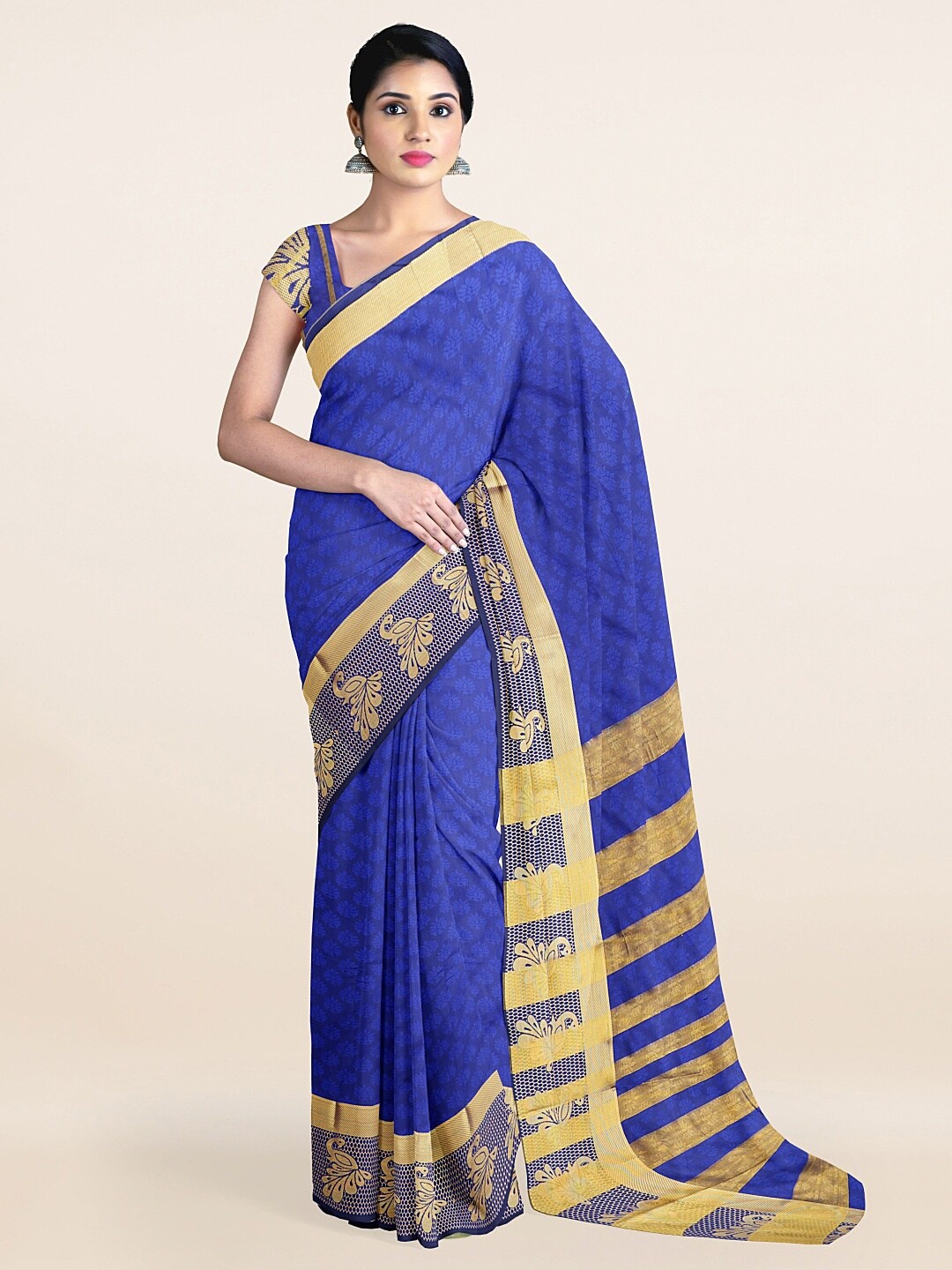 

Pothys Blue & Gold-Toned Ethnic Motifs Zari Saree