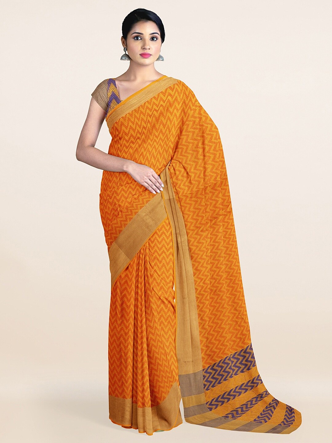 

Pothys Mustard & Gold-Toned Woven Design Zari Saree