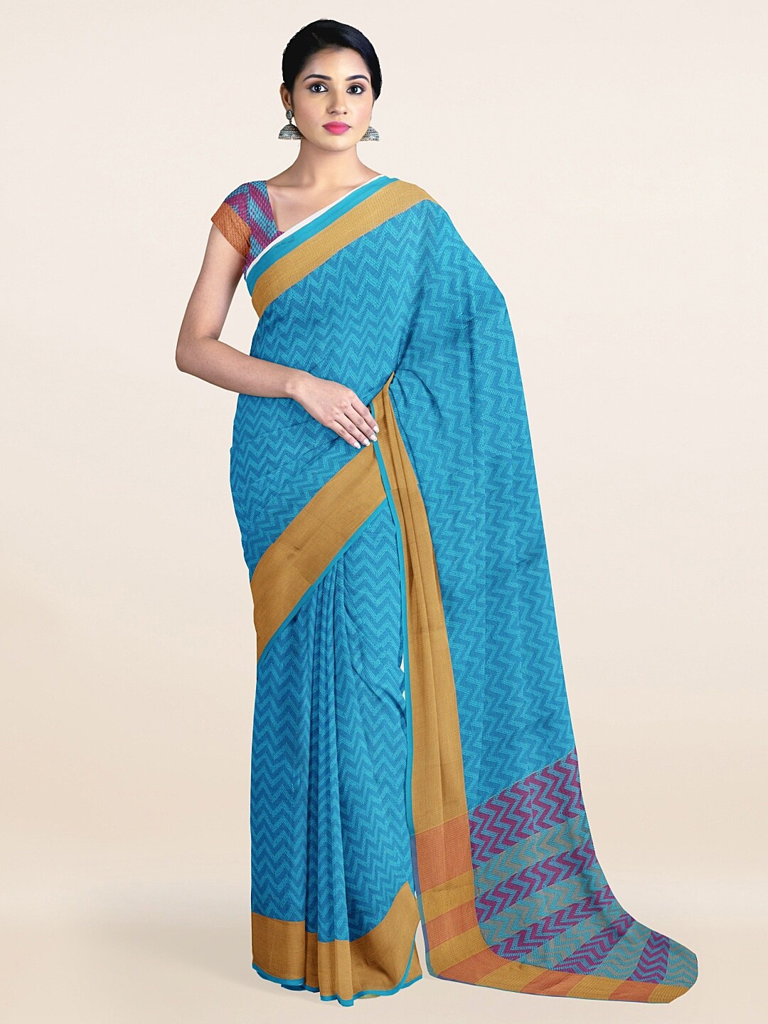

Pothys Blue & Gold-Toned Zari Saree