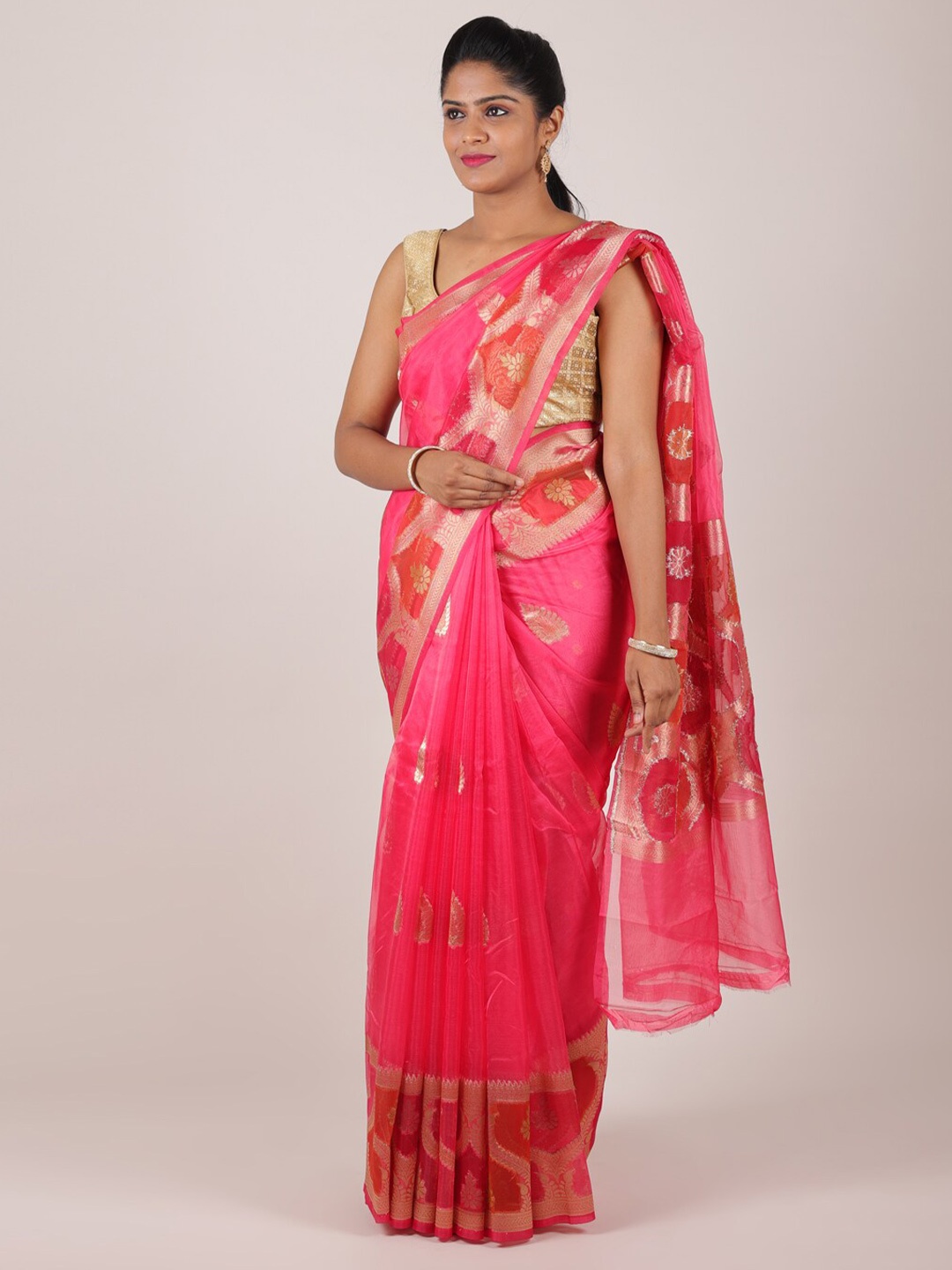 

Pothys Pink & Gold-Toned Woven Design Zari Organza Saree