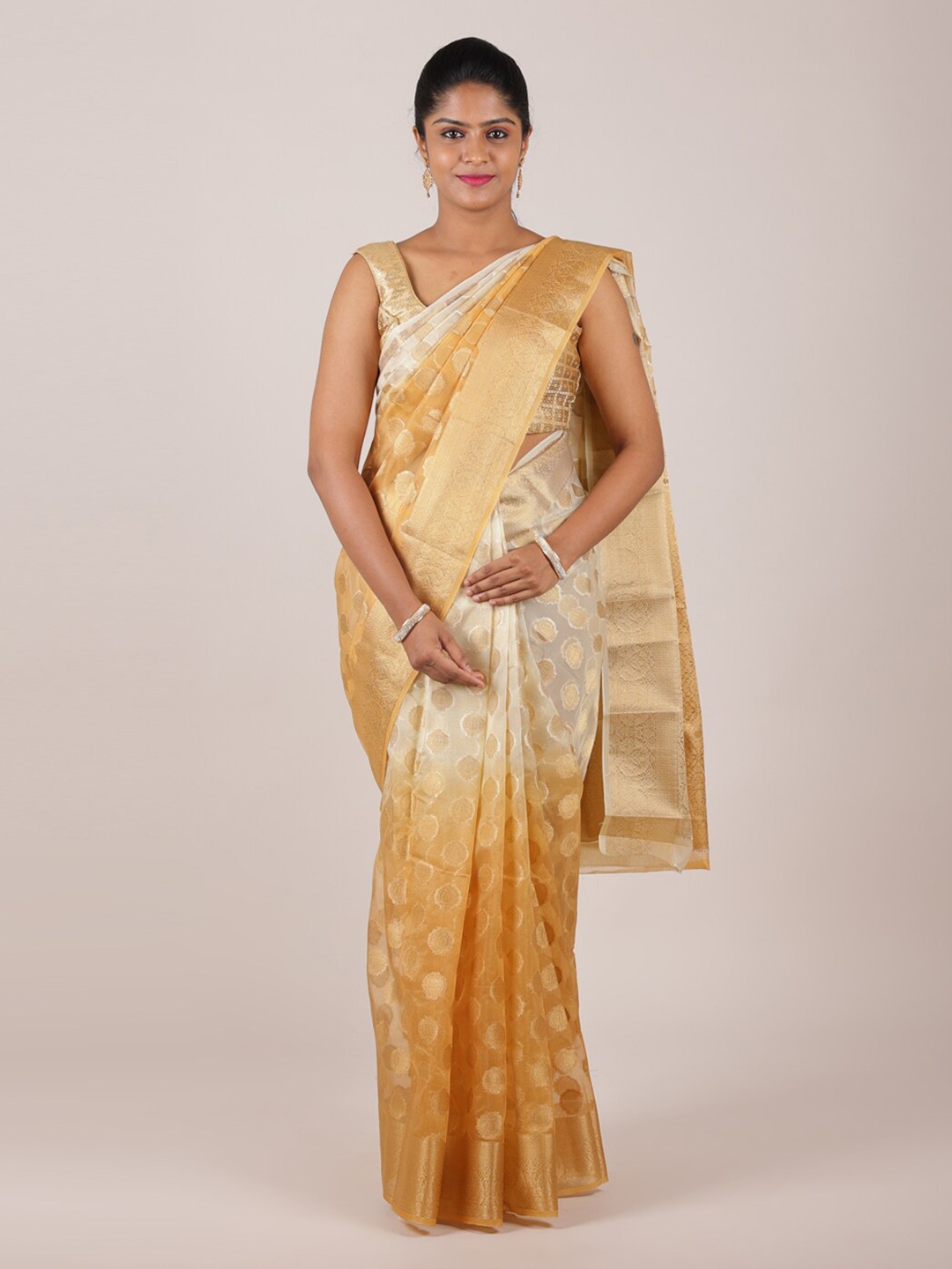 

Pothys Mustard & Gold-Toned Woven Design Zari Organza Saree