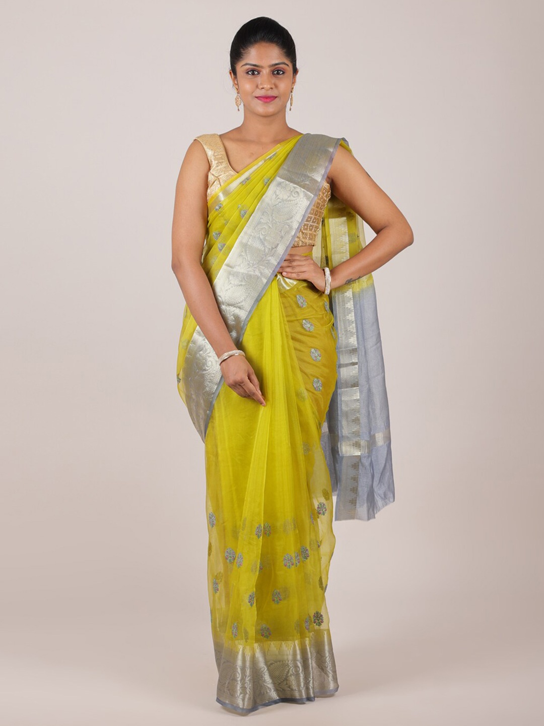 

Pothys Green & Silver-Toned Floral Zari Organza Saree