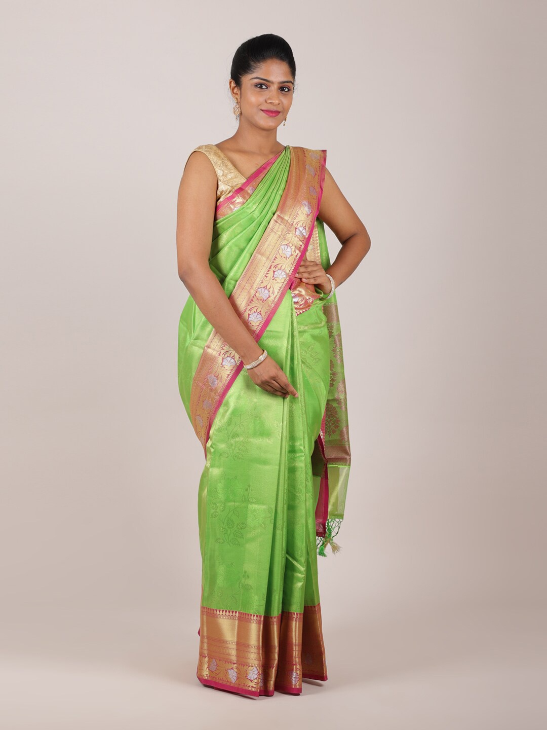 

Pothys Green & Gold-Toned Floral Zari Organza Silk Saree