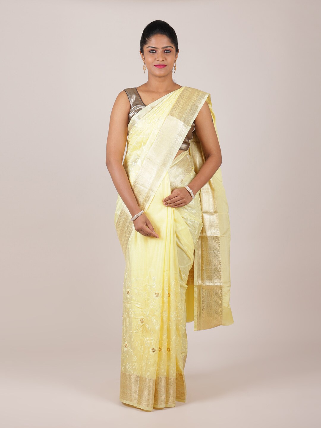 

Pothys Yellow & Gold-Toned Floral Zari Art Silk Saree